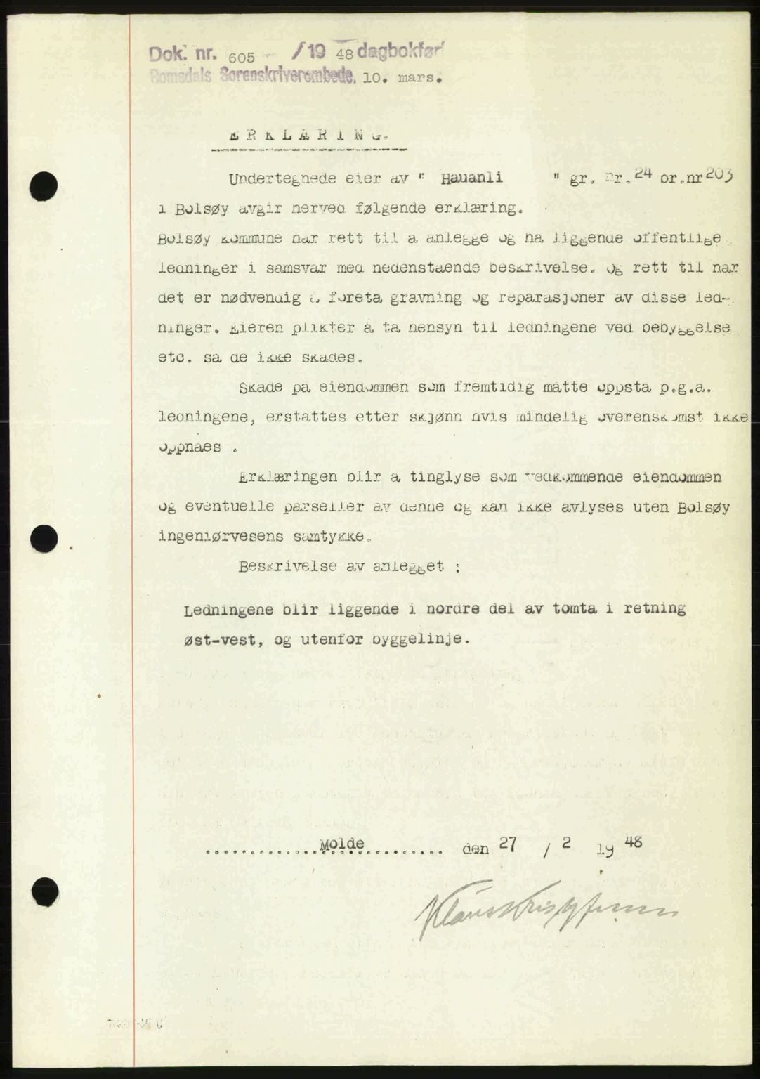 Romsdal sorenskriveri, SAT/A-4149/1/2/2C: Pantebok nr. A25, 1948-1948, Dagboknr: 605/1948
