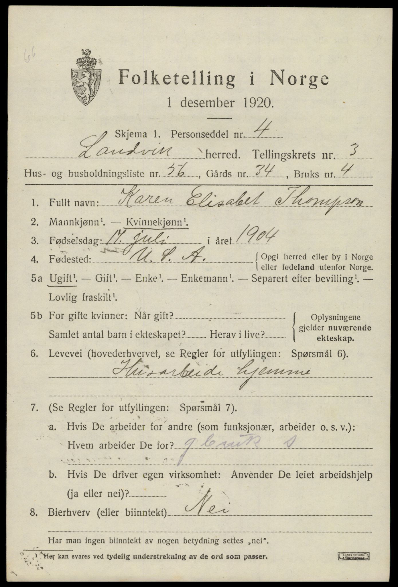 SAK, Folketelling 1920 for 0924 Landvik herred, 1920, s. 3438