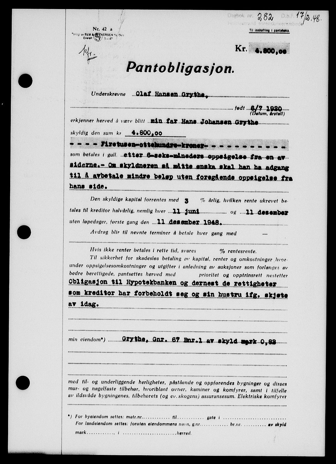 Holmestrand sorenskriveri, SAKO/A-67/G/Ga/Gab/L0058: Pantebok nr. B-58, 1947-1948, Dagboknr: 282/1948