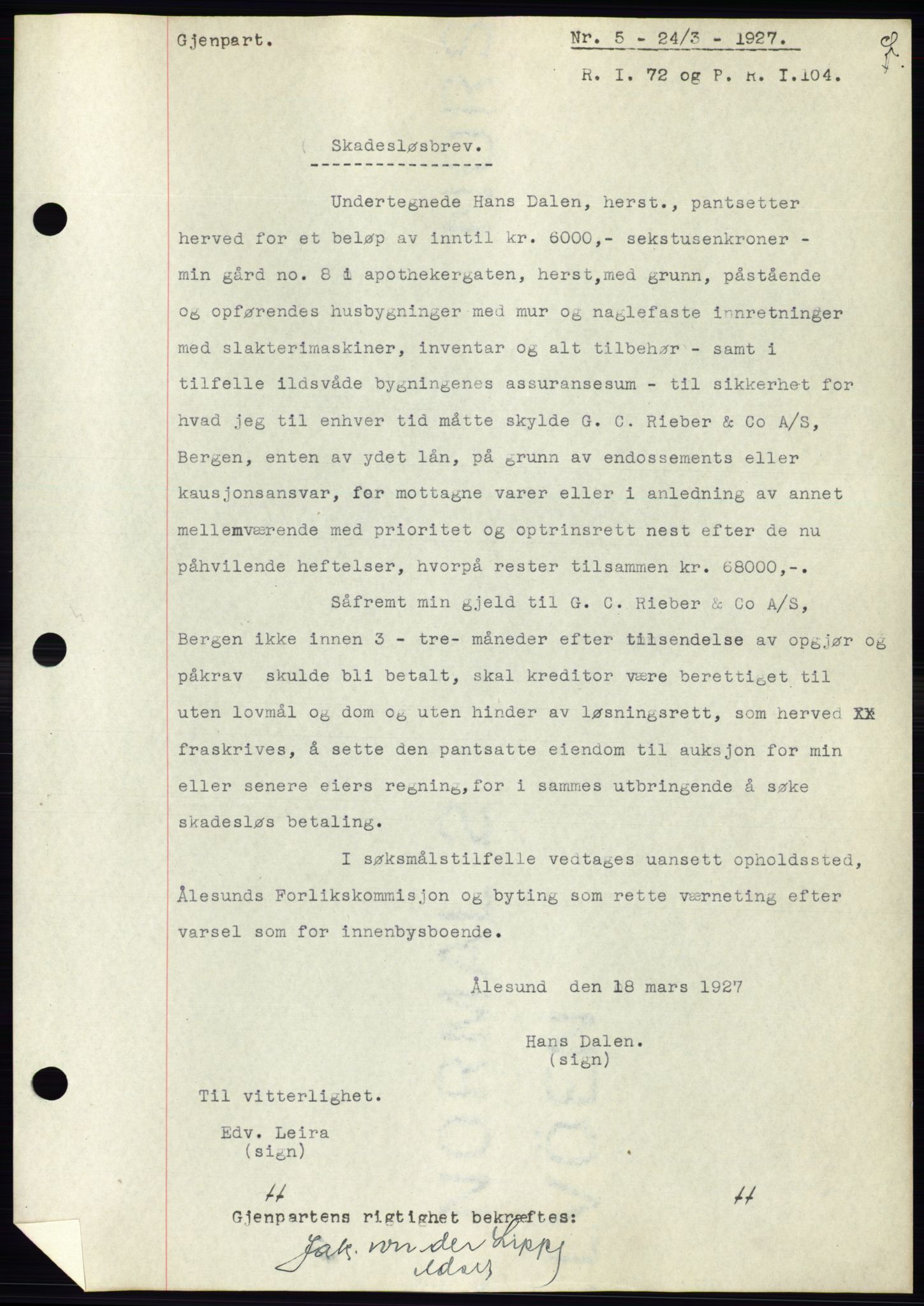 Ålesund byfogd, AV/SAT-A-4384: Pantebok nr. 21, 1926-1927, Tingl.dato: 24.03.1927