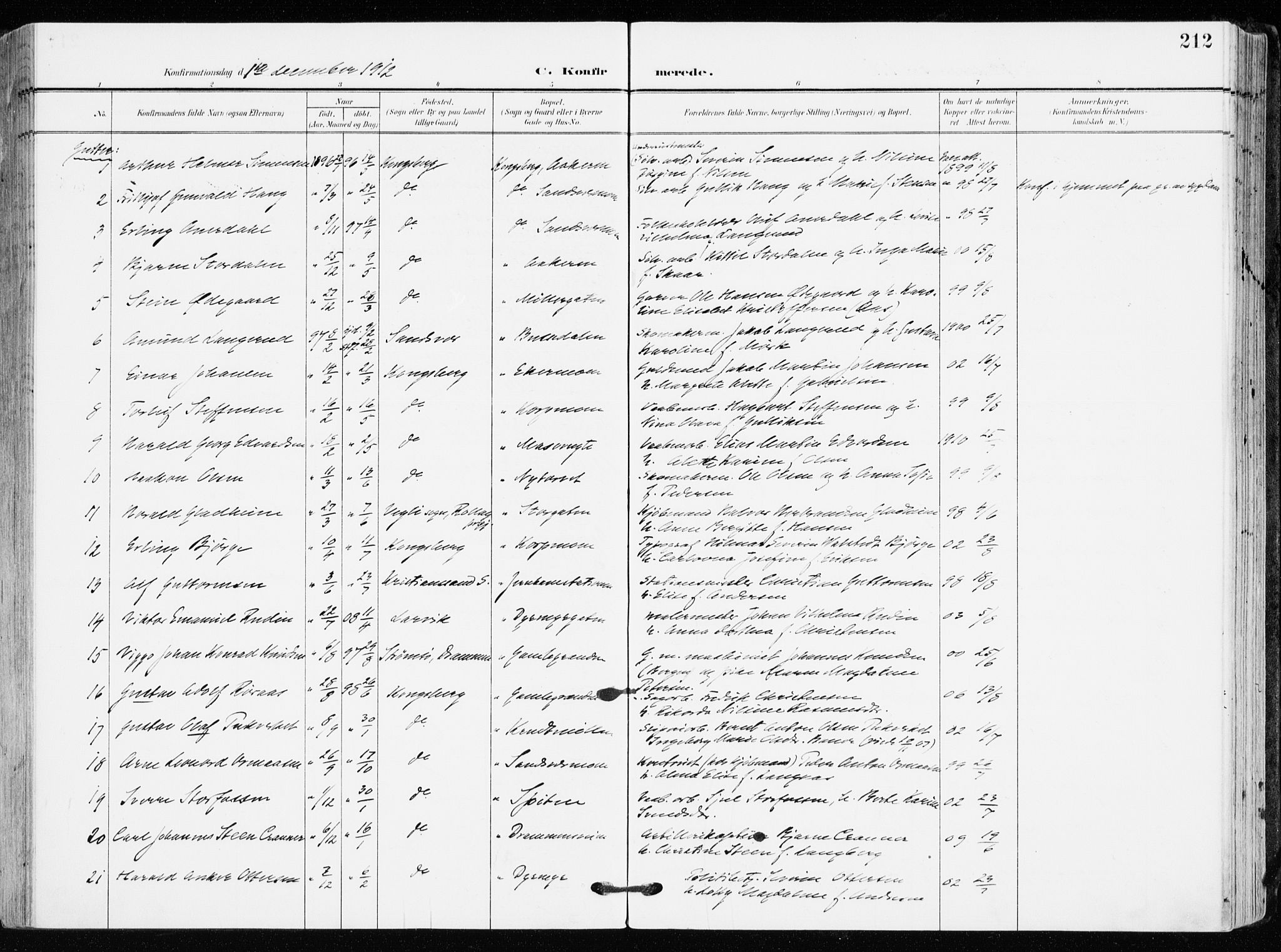 Kongsberg kirkebøker, AV/SAKO-A-22/F/Fb/L0004: Ministerialbok nr. II 4, 1906-1918, s. 212