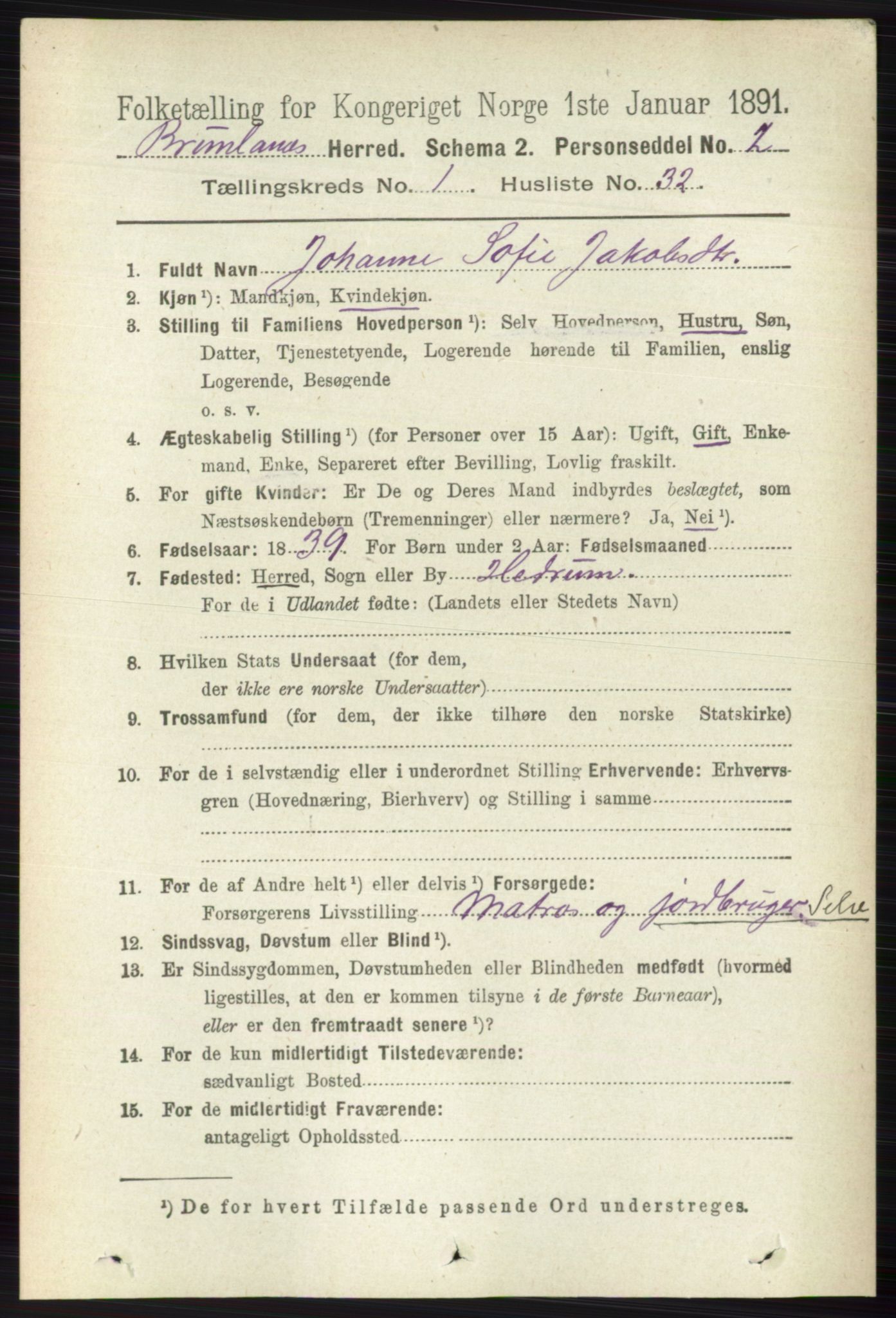 RA, Folketelling 1891 for 0726 Brunlanes herred, 1891, s. 309