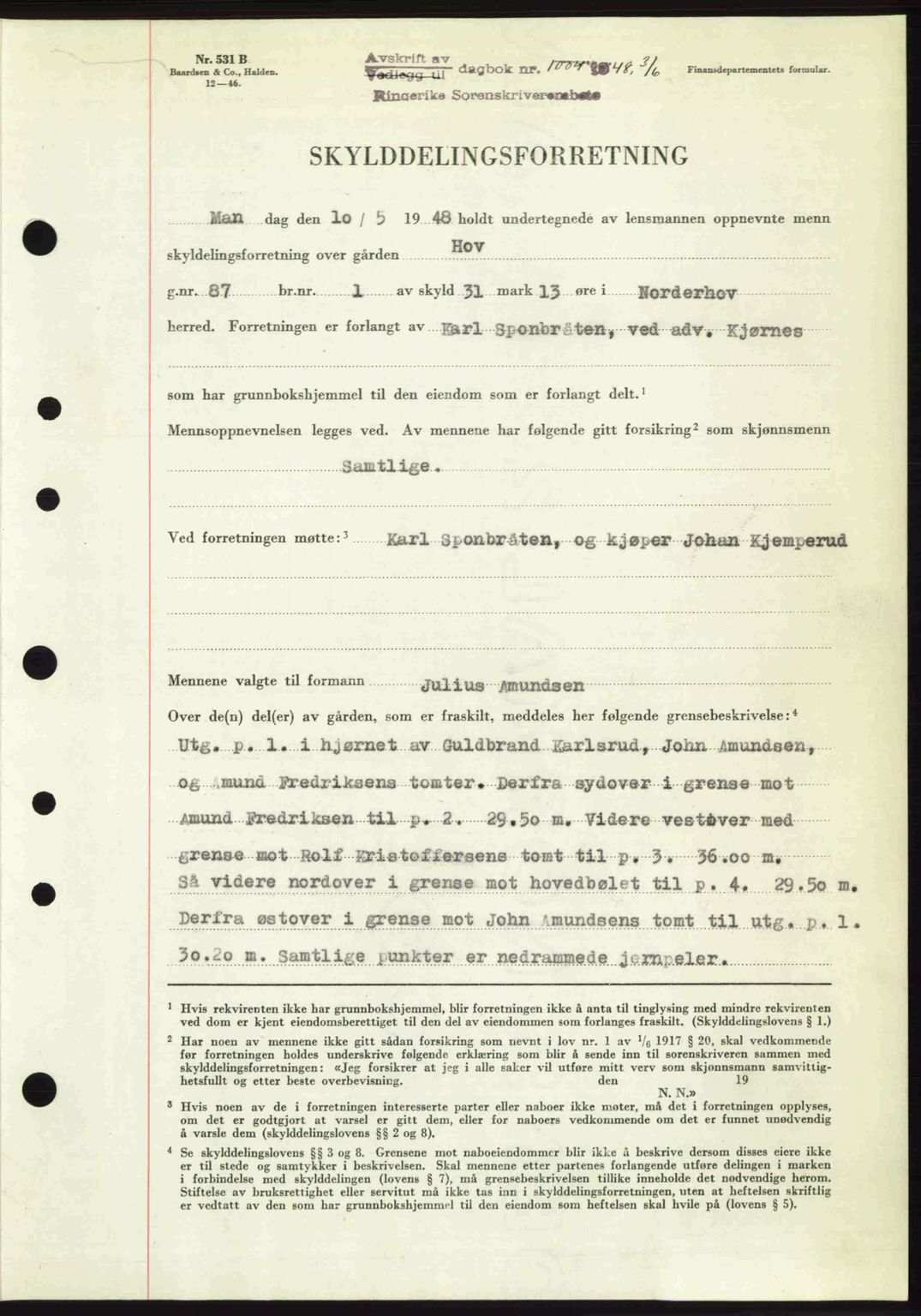 Ringerike sorenskriveri, SAKO/A-105/G/Ga/Gab/L0088: Pantebok nr. A-19, 1948-1948, Dagboknr: 1004/1948