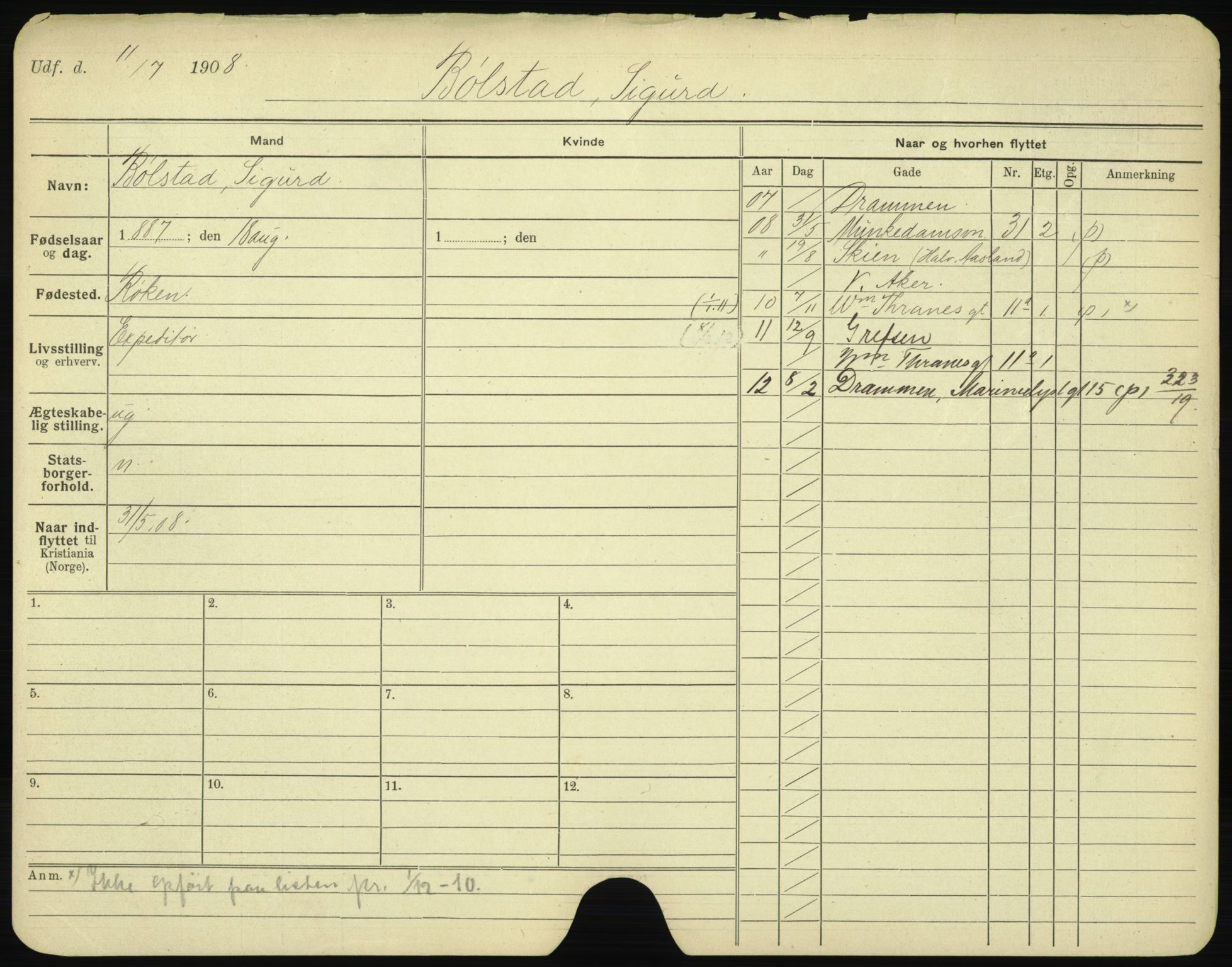 Oslo folkeregister, Registerkort, AV/SAO-A-11715/F/Fa/Fac/L0002: Menn, 1906-1914, s. 454a