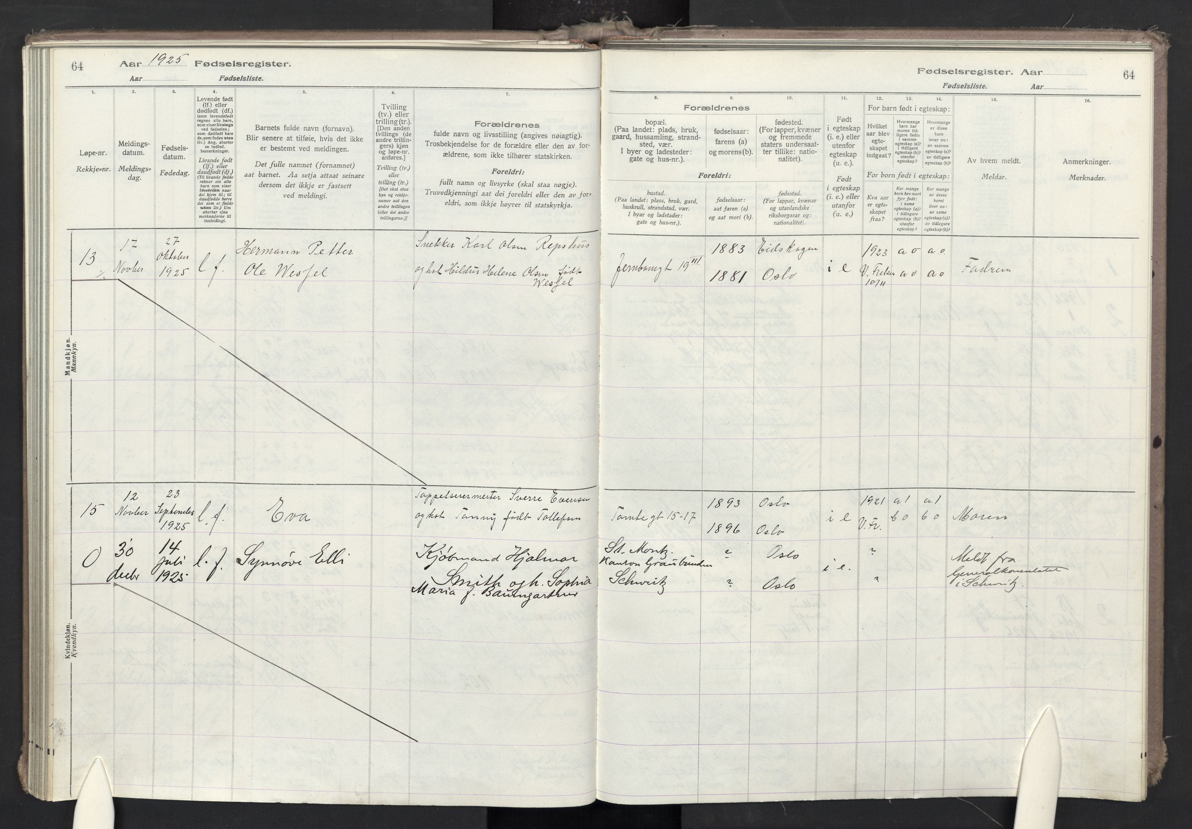 Oslo domkirke Kirkebøker, AV/SAO-A-10752/J/Ja/L0001: Fødselsregister nr. 1, 1916-1941, s. 64