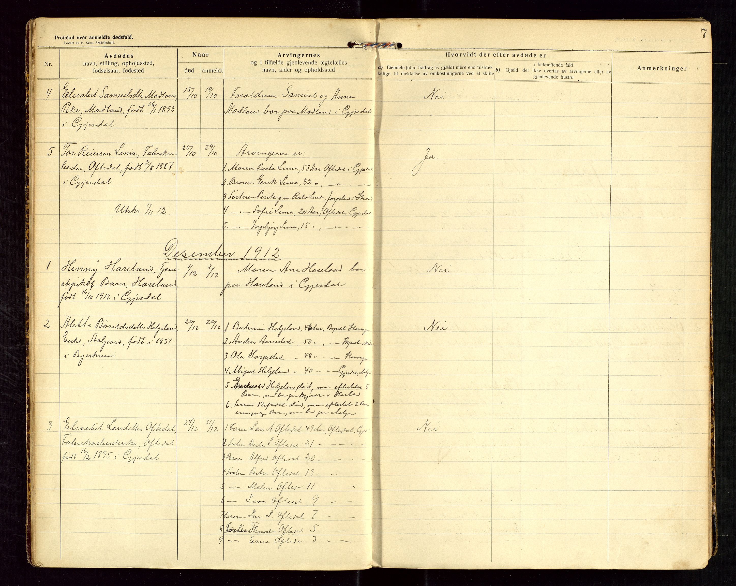 Gjesdal lensmannskontor, SAST/A-100441/Gga/L0002: Dødsfallprotokoll, 1911-1933, s. 7