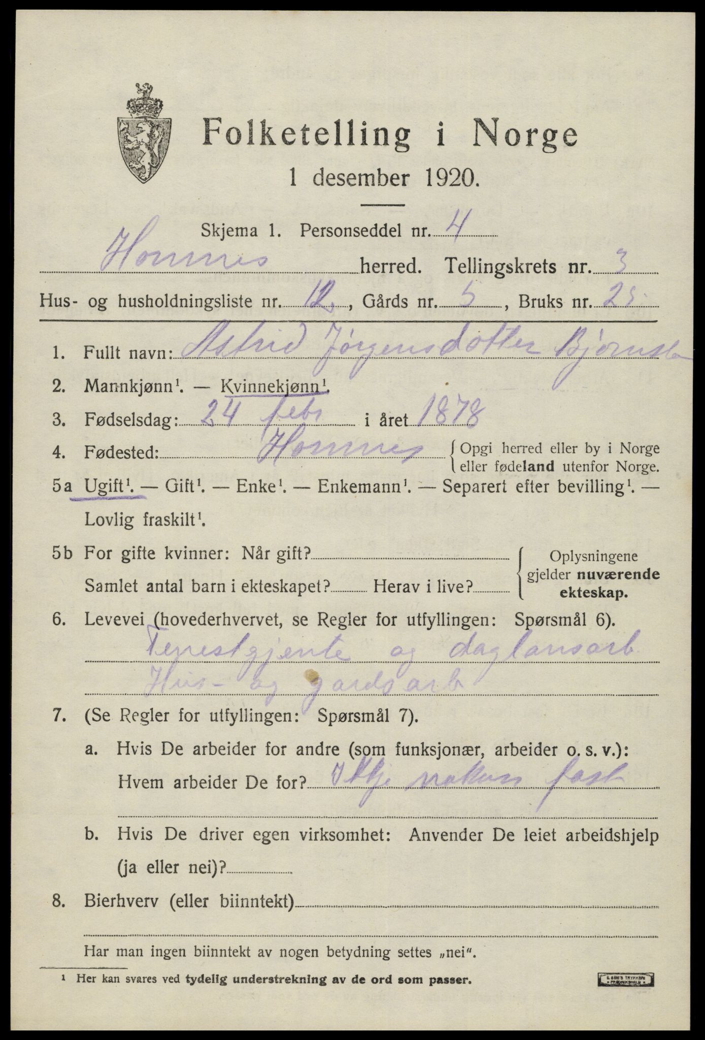 SAK, Folketelling 1920 for 0936 Hornnes herred, 1920, s. 935