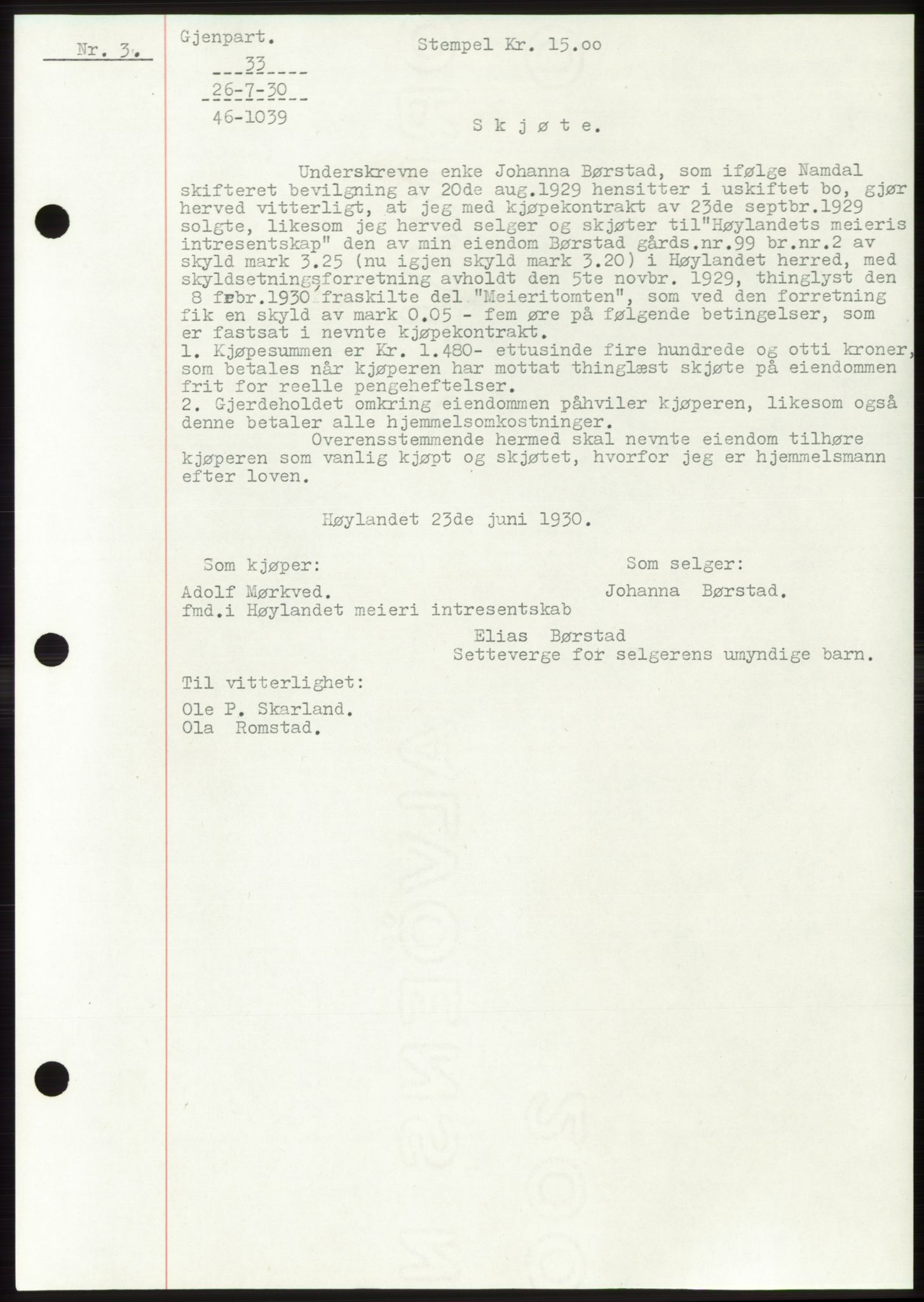Namdal sorenskriveri, SAT/A-4133/1/2/2C: Pantebok nr. -, 1926-1930, Tingl.dato: 26.07.1930