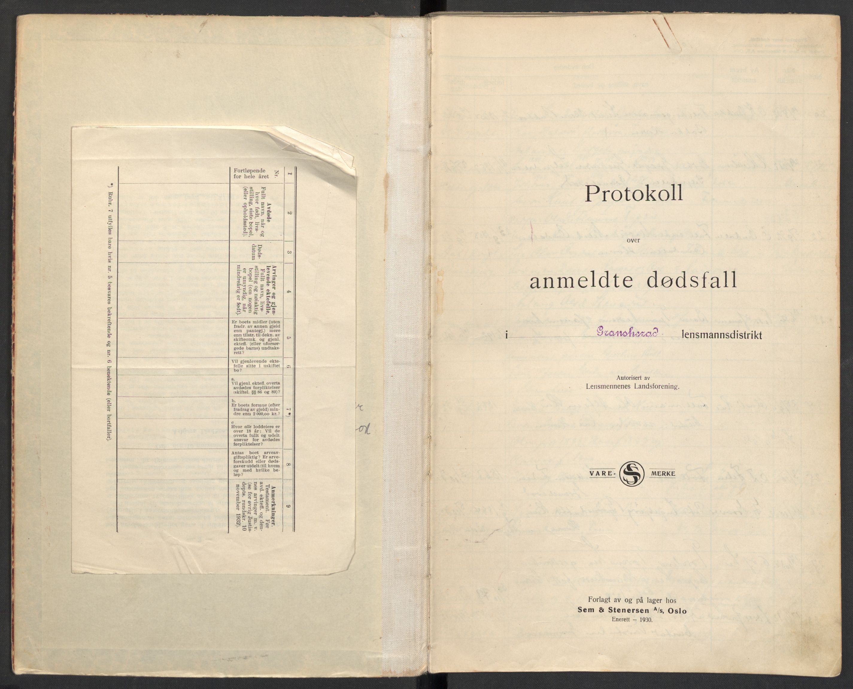 Gransherad lensmannskontor, AV/SAKO-A-557/H/Ha/L0004: Dødsanmeldelsesprotokoll, 1932-1947