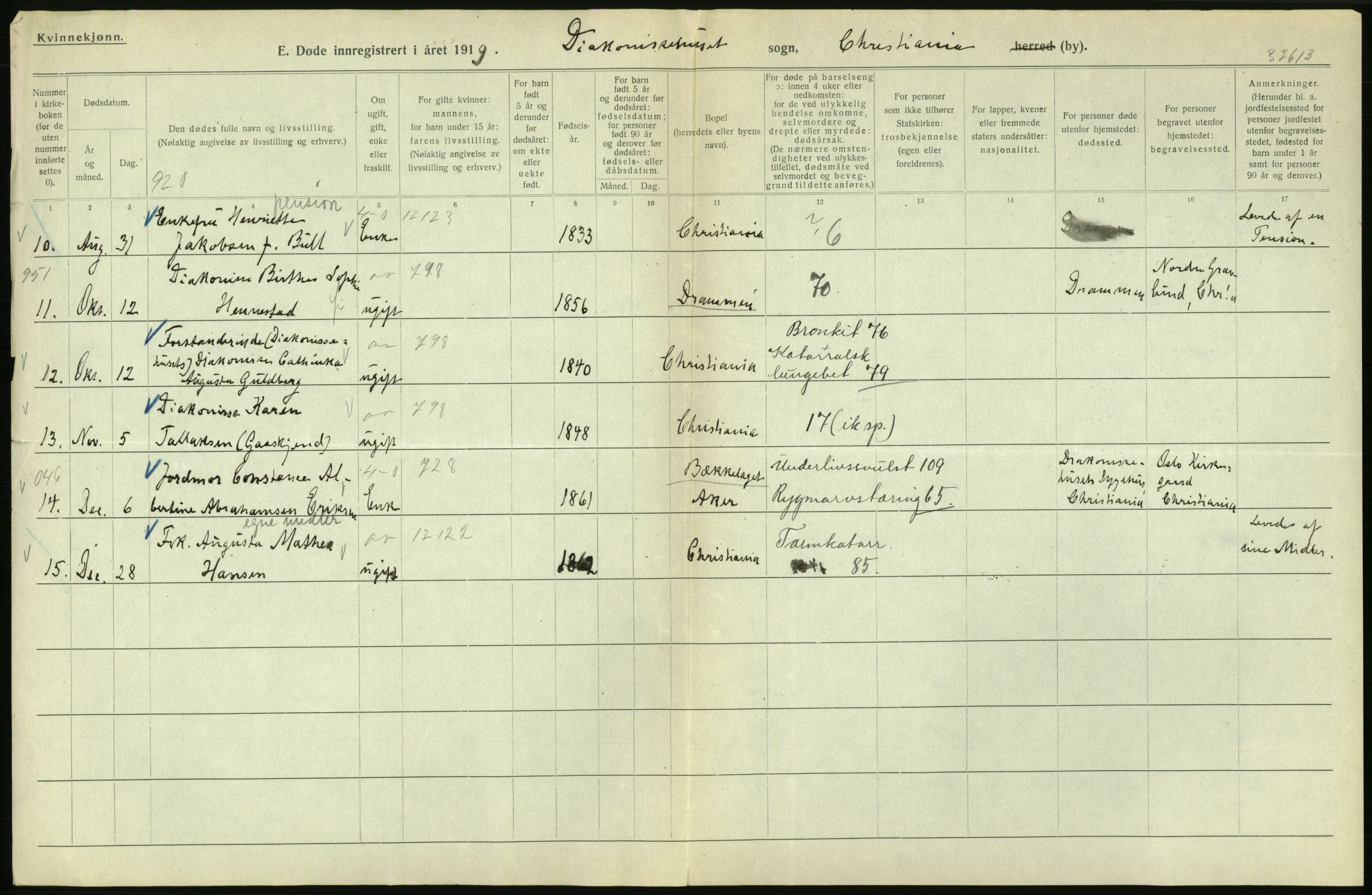 Statistisk sentralbyrå, Sosiodemografiske emner, Befolkning, AV/RA-S-2228/D/Df/Dfb/Dfbi/L0010: Kristiania: Døde, 1919, s. 542