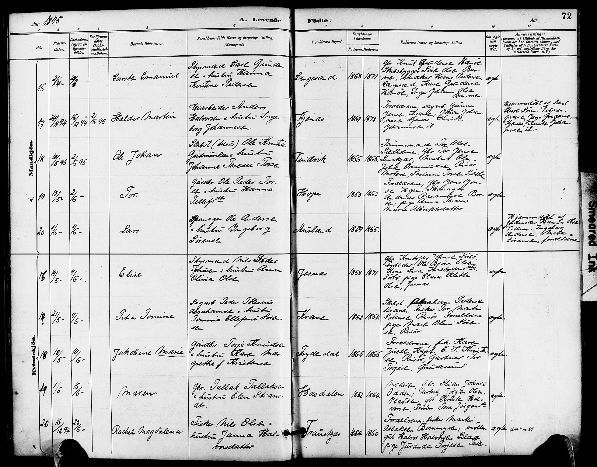 Søndeled sokneprestkontor, AV/SAK-1111-0038/F/Fa/L0005: Ministerialbok nr. A 5, 1889-1899, s. 72