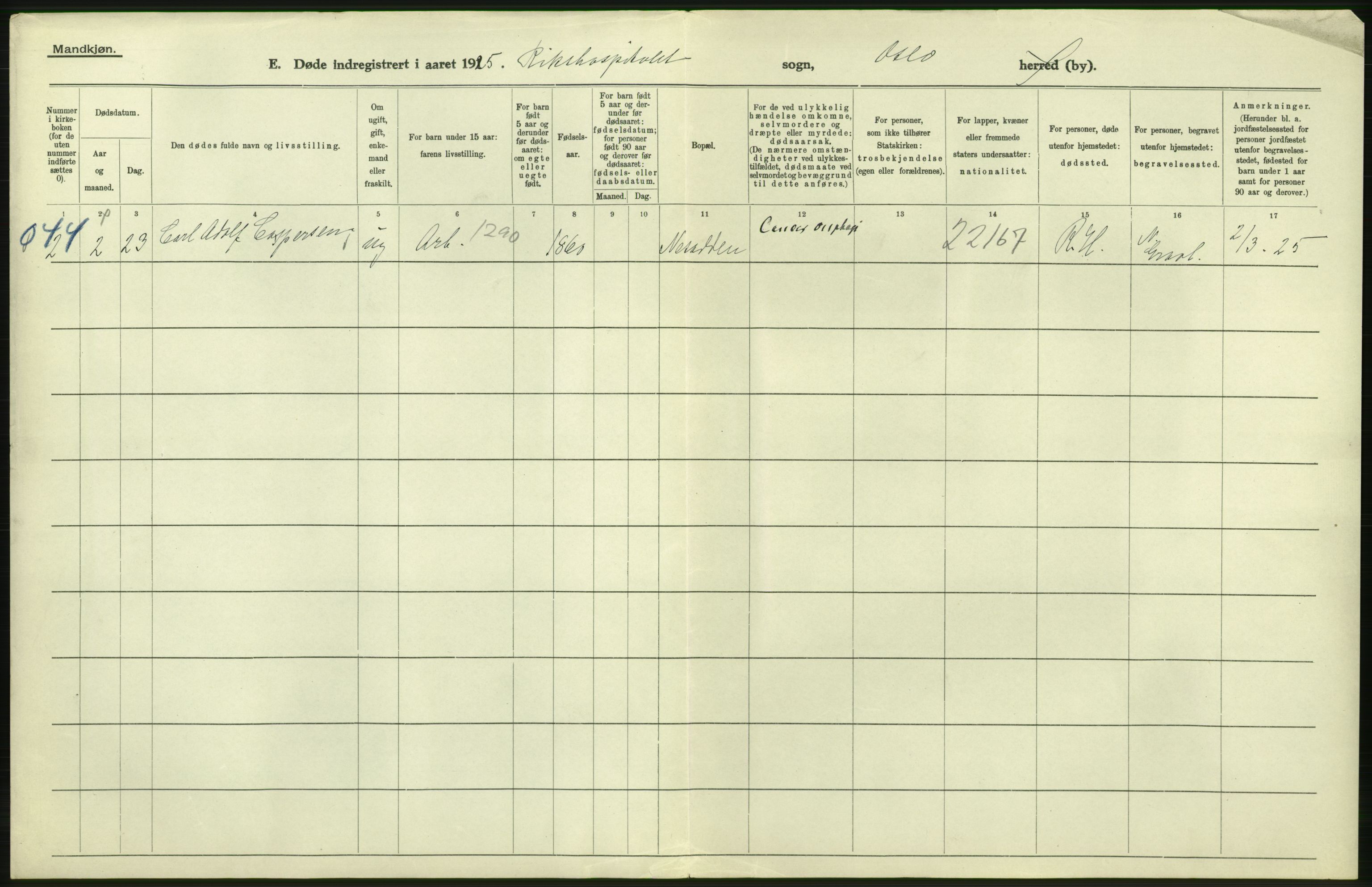 Statistisk sentralbyrå, Sosiodemografiske emner, Befolkning, AV/RA-S-2228/D/Df/Dfc/Dfce/L0009: Oslo: Døde menn, 1925, s. 448