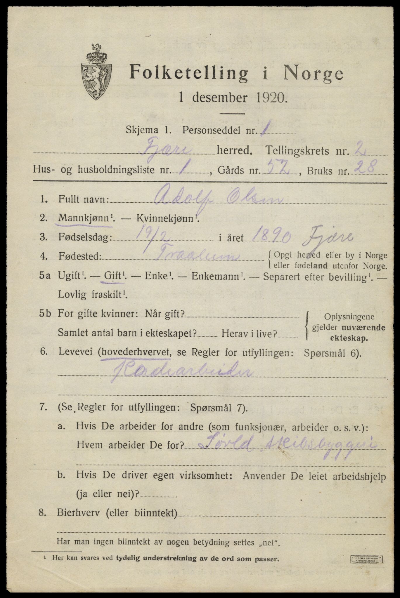 SAK, Folketelling 1920 for 0923 Fjære herred, 1920, s. 3255