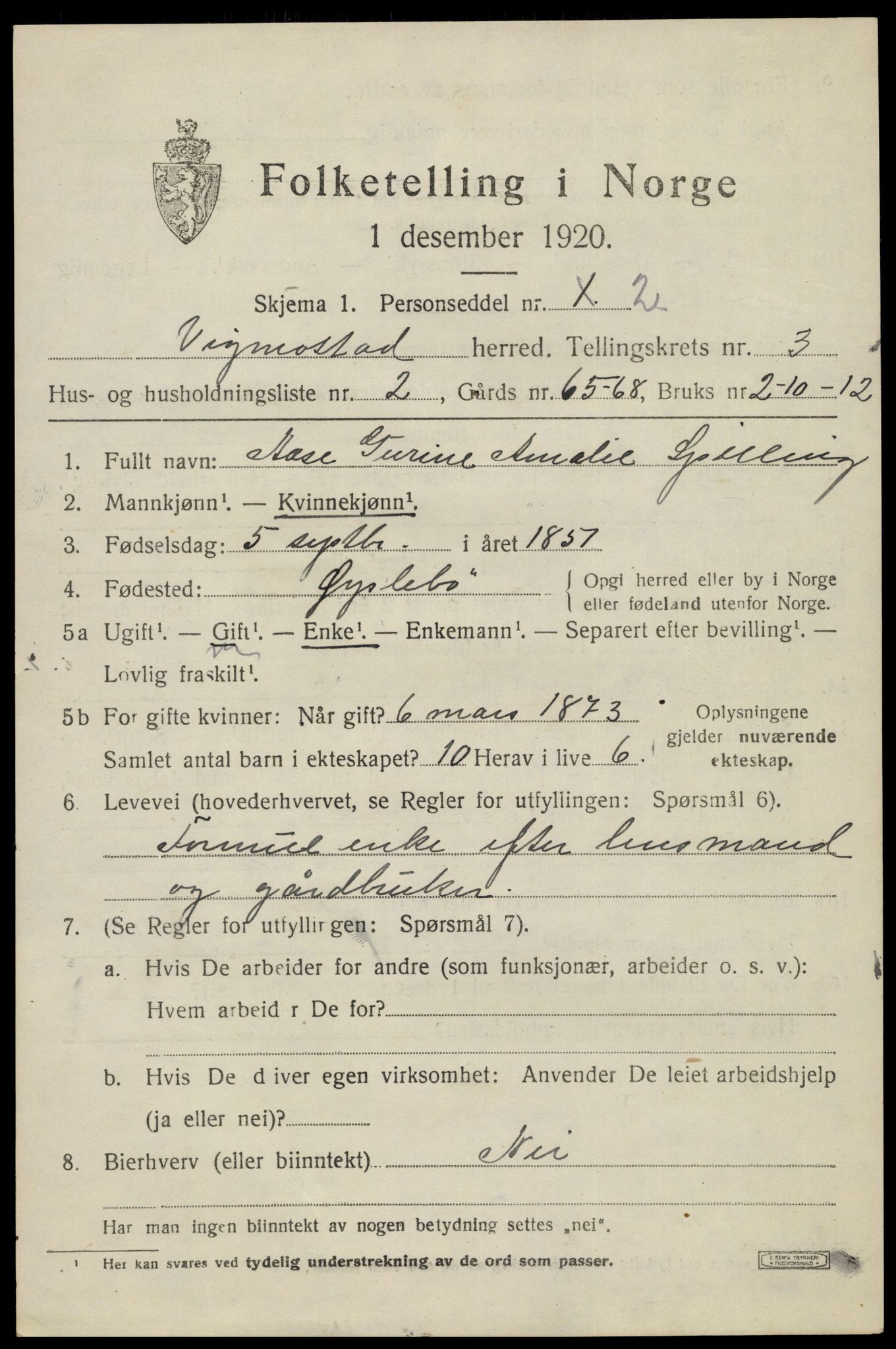 SAK, Folketelling 1920 for 1028 Vigmostad herred, 1920, s. 831