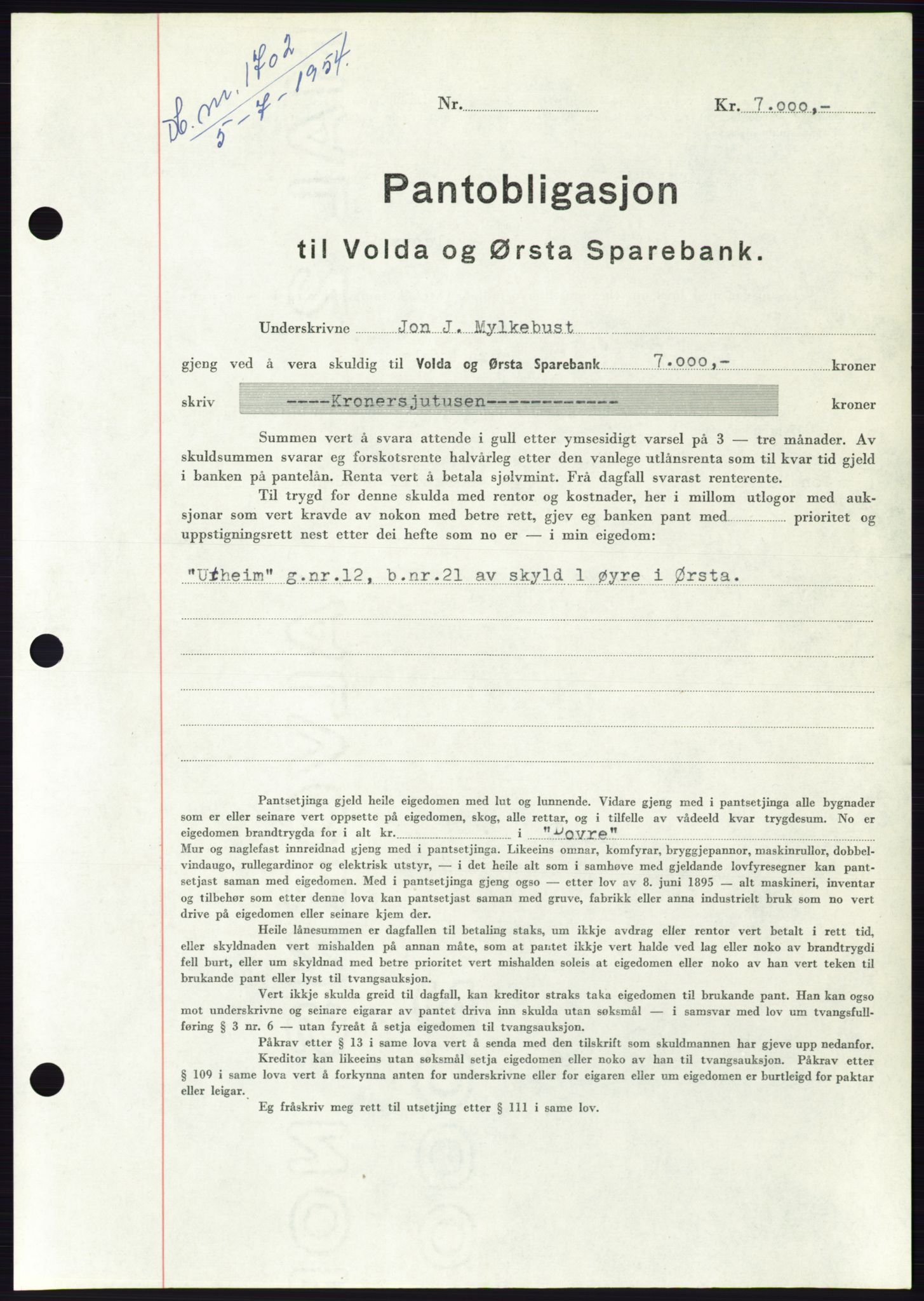 Søre Sunnmøre sorenskriveri, SAT/A-4122/1/2/2C/L0125: Pantebok nr. 13B, 1954-1954, Dagboknr: 1702/1954