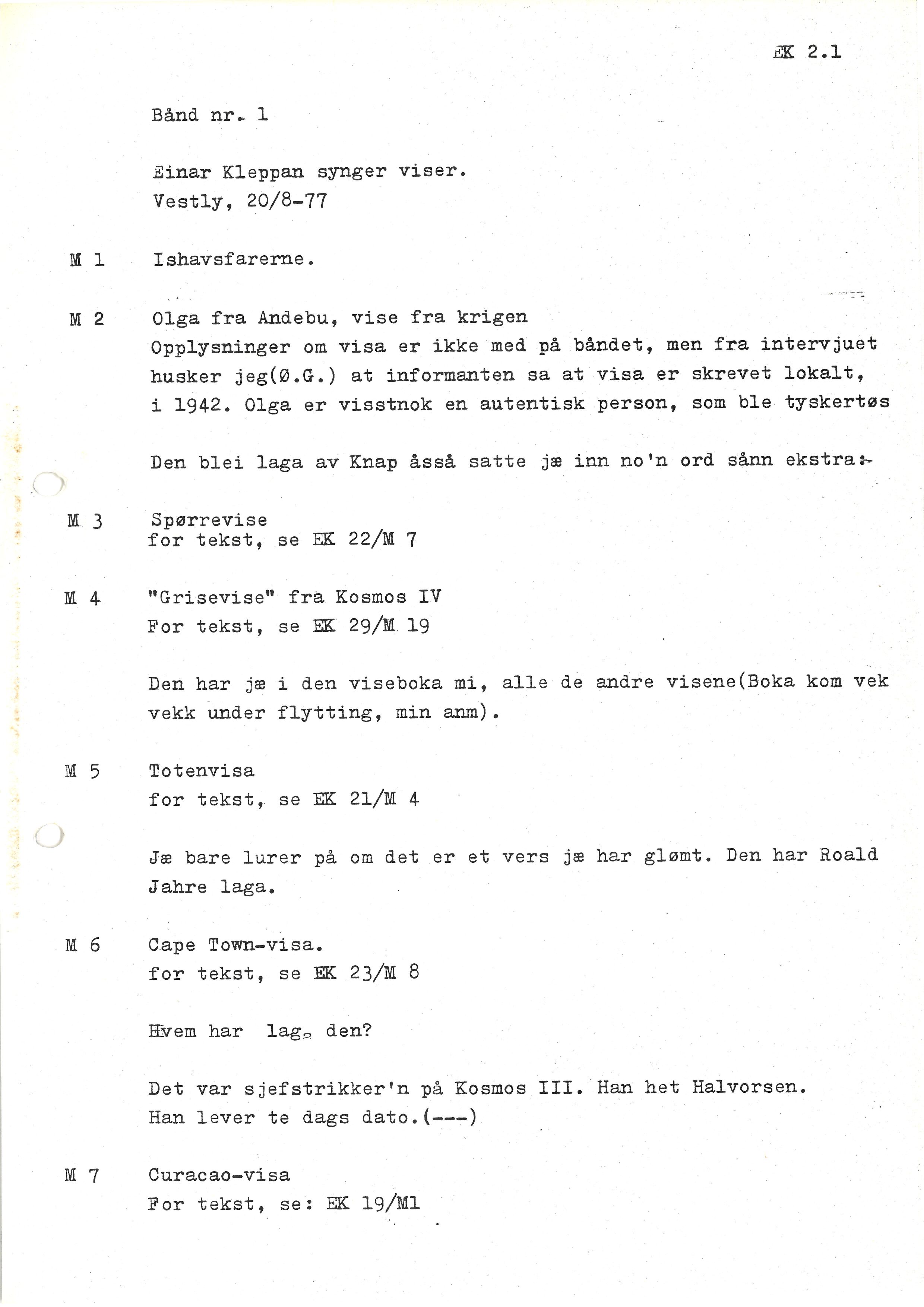 Sa 16 - Folkemusikk fra Vestfold, Gjerdesamlingen, VEMU/A-1868/I/L0001: Informantregister med intervjunedtegnelser, 1979-1986