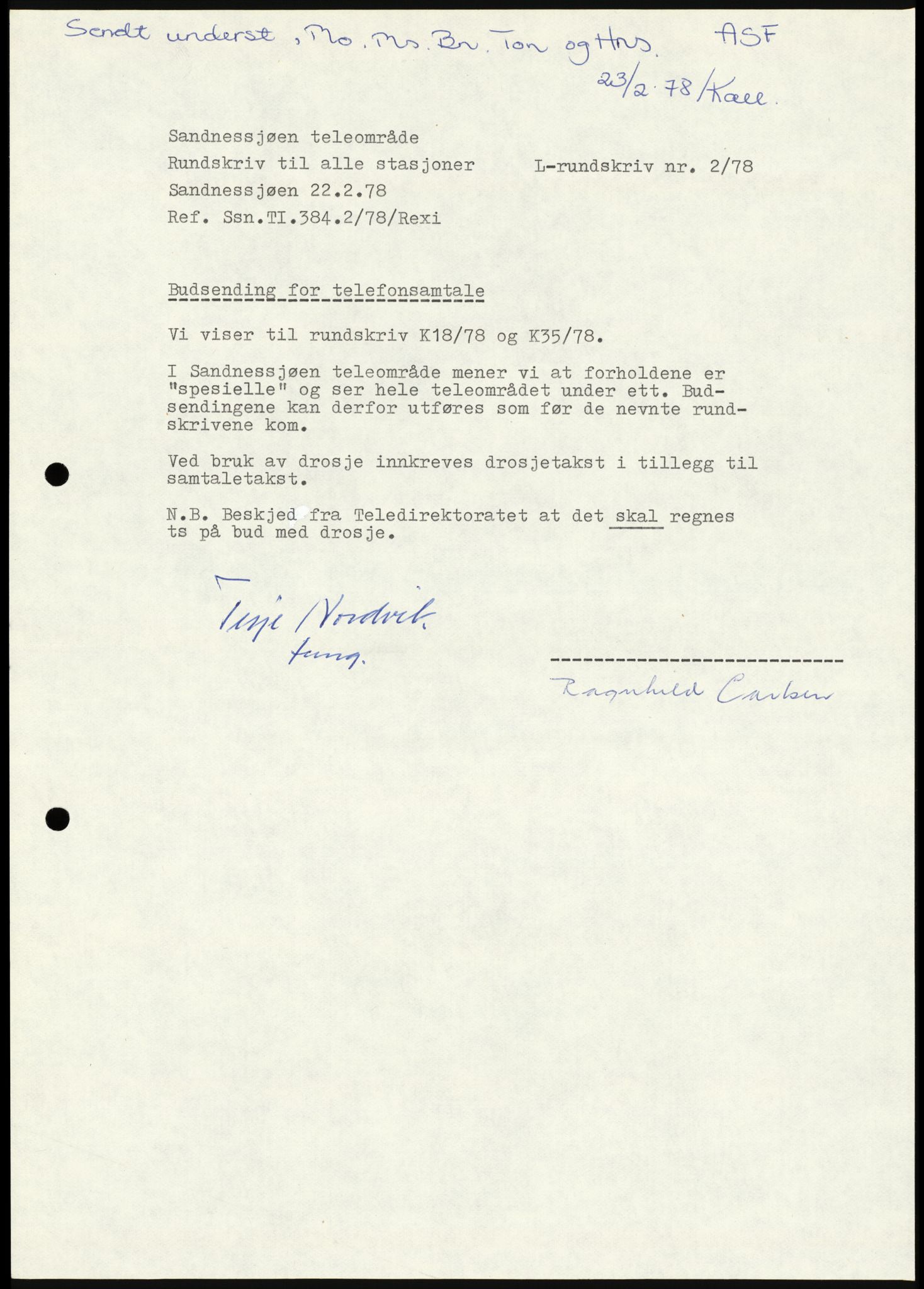 Televerket, Sandnessjøen teleområde, AV/SAT-A-5303/F/L0056: Lokale rundskriv (L-rundskriv), 1977-1995, s. 7
