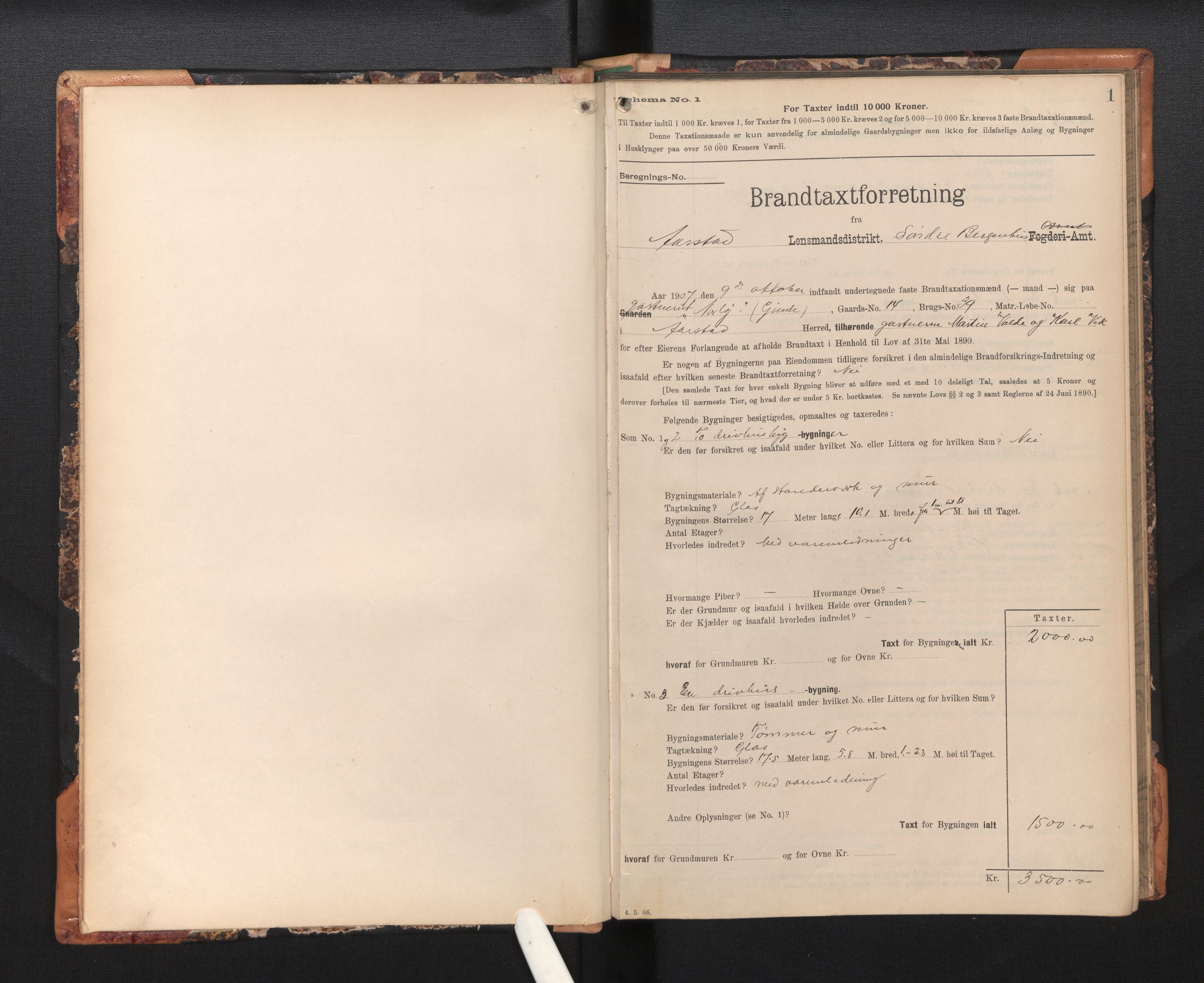 Byfogd og Byskriver i Bergen, AV/SAB-A-3401/11/11Da/L0031: Branntakstprotokoll, 1907-1915, s. 1