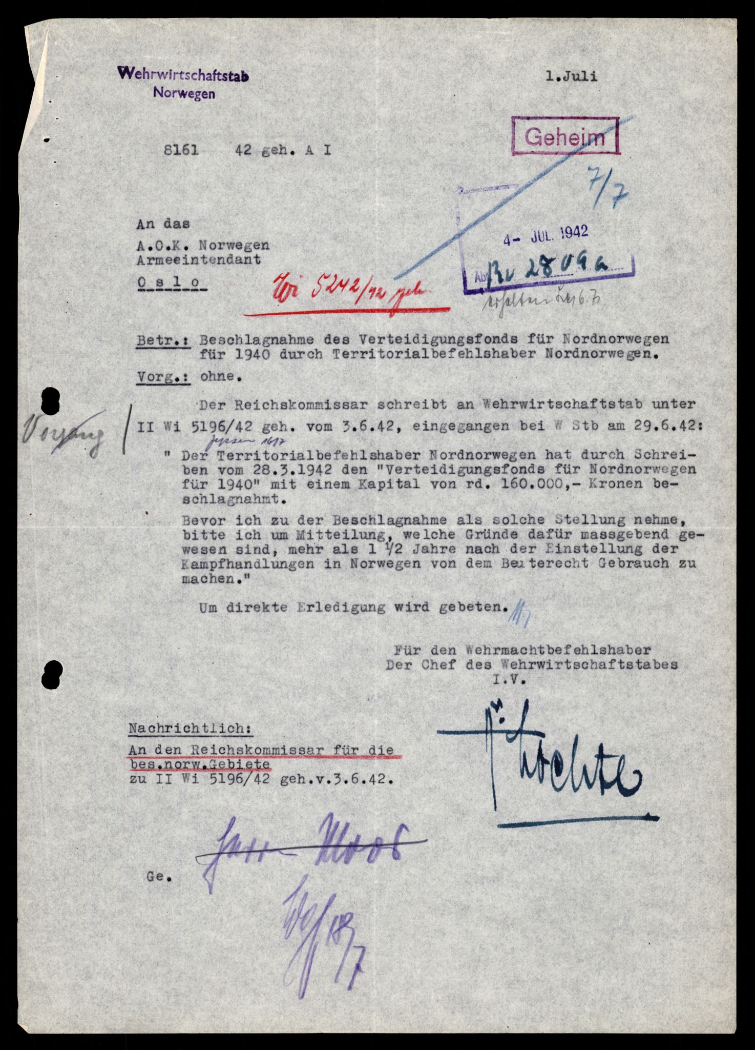 Forsvarets Overkommando. 2 kontor. Arkiv 11.4. Spredte tyske arkivsaker, AV/RA-RAFA-7031/D/Dar/Darb/L0003: Reichskommissariat - Hauptabteilung Vervaltung, 1940-1945, s. 1460