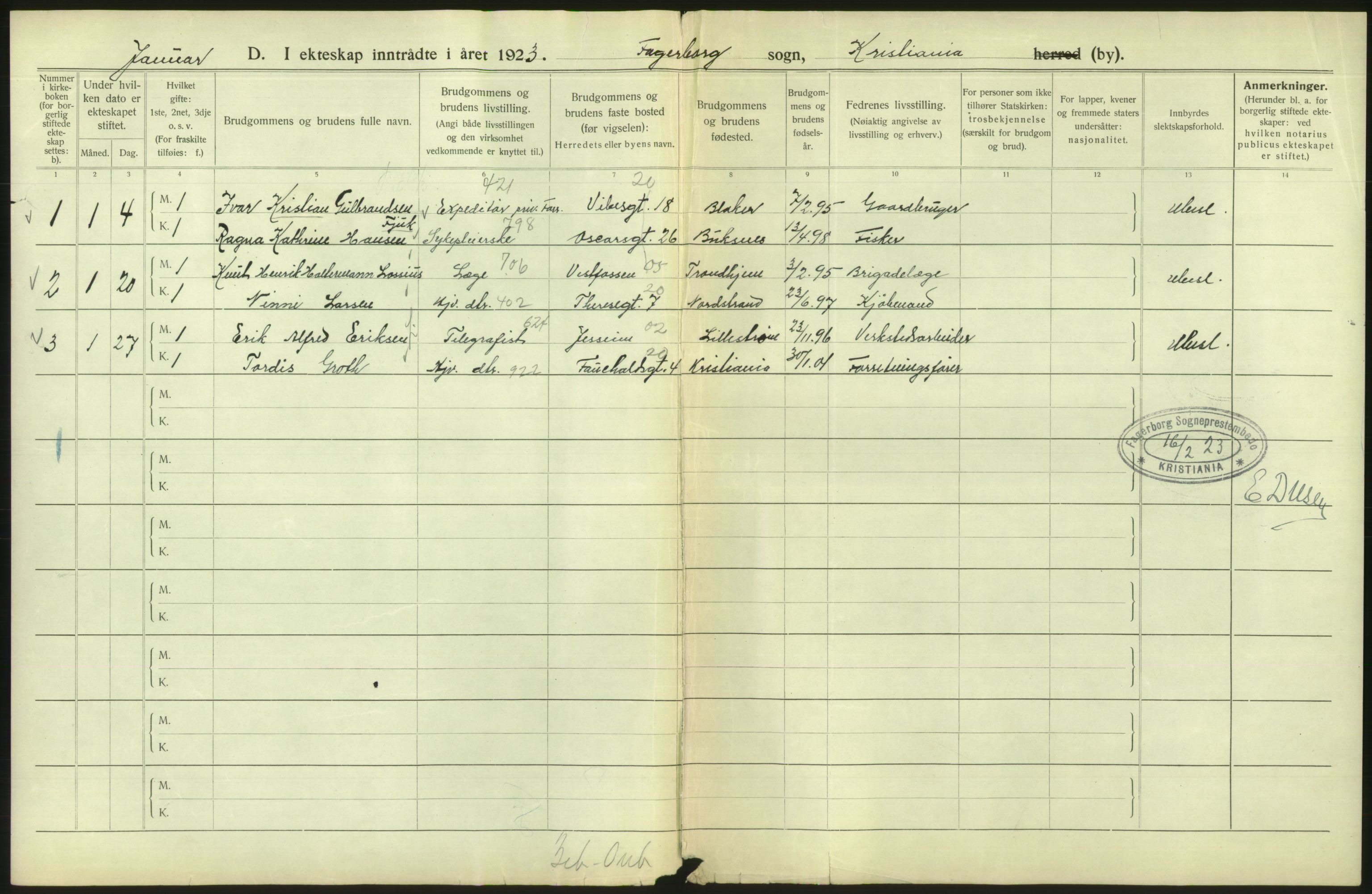 Statistisk sentralbyrå, Sosiodemografiske emner, Befolkning, AV/RA-S-2228/D/Df/Dfc/Dfcc/L0008: Kristiania: Gifte, 1923, s. 336