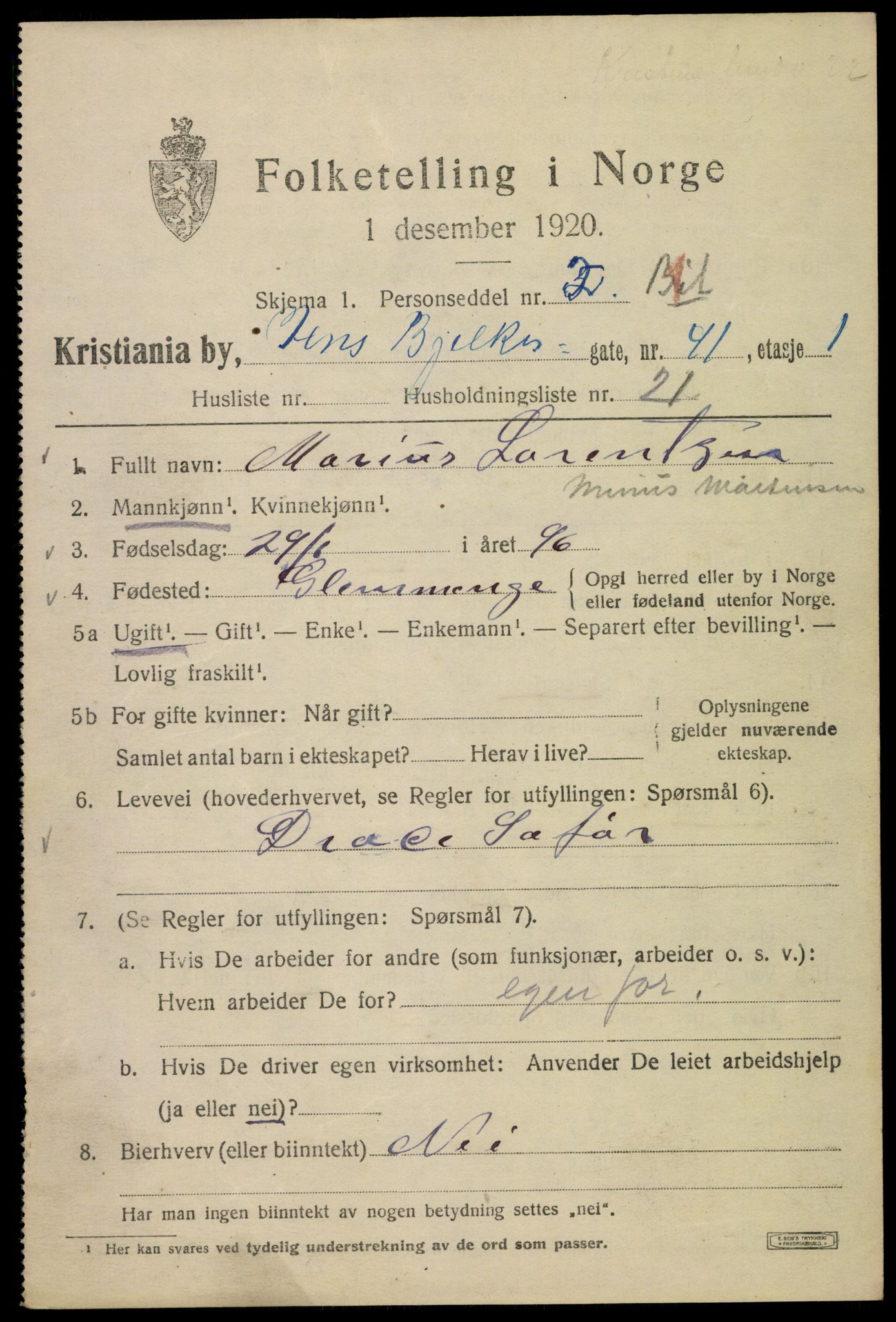 SAO, Folketelling 1920 for 0301 Kristiania kjøpstad, 1920, s. 320637