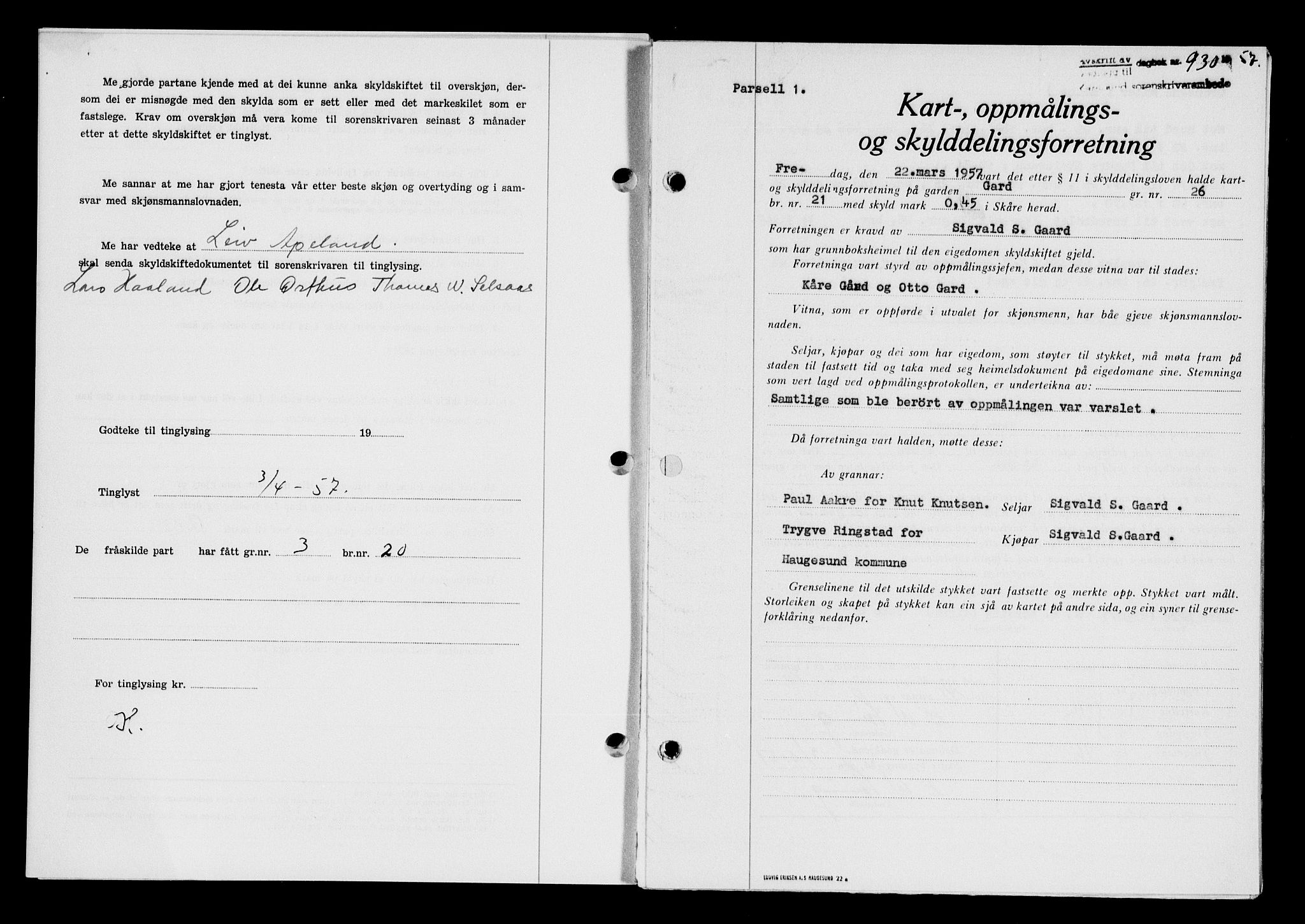 Karmsund sorenskriveri, SAST/A-100311/01/II/IIB/L0124: Pantebok nr. 104A, 1957-1957, Dagboknr: 930/1957