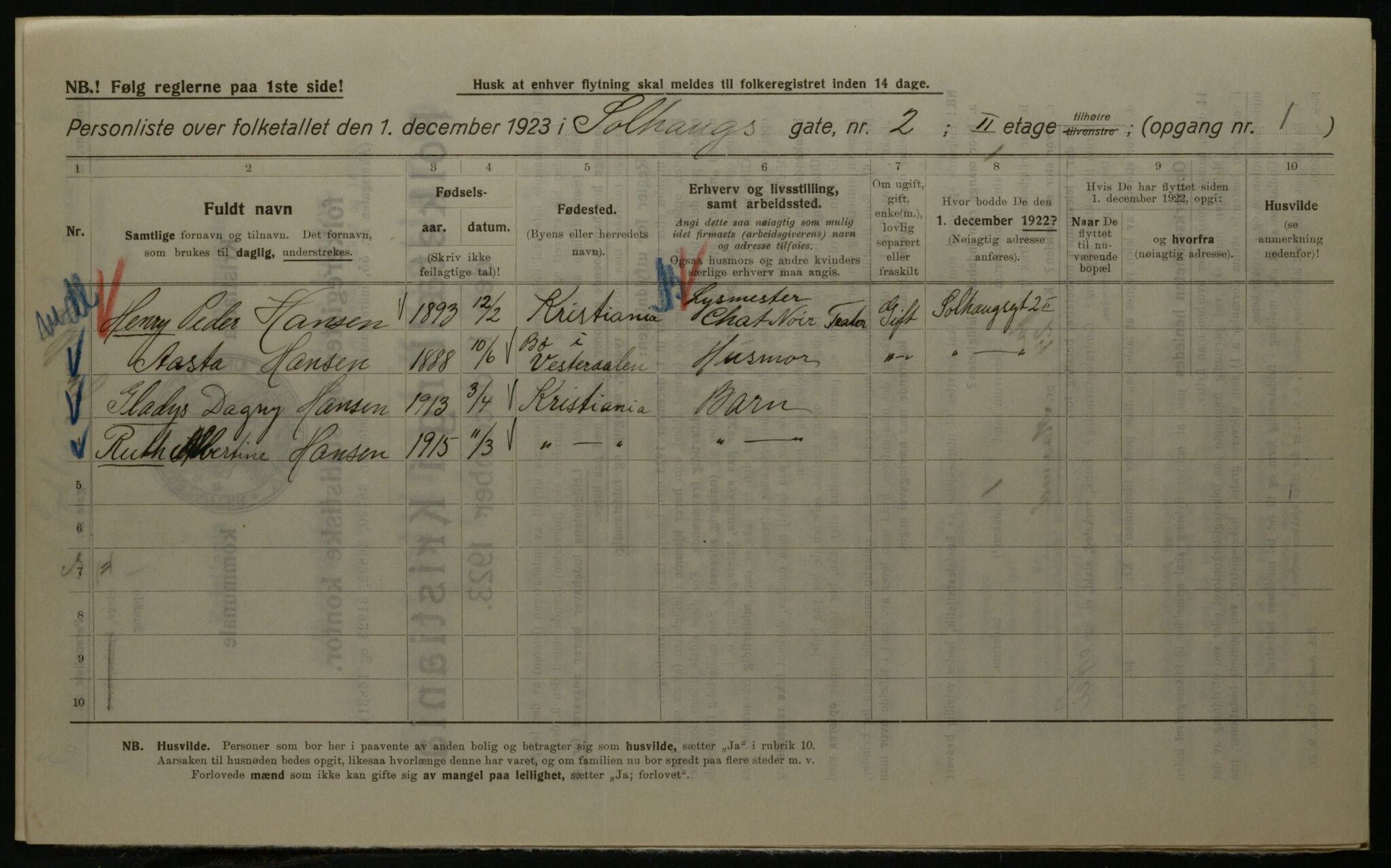 OBA, Kommunal folketelling 1.12.1923 for Kristiania, 1923, s. 109525