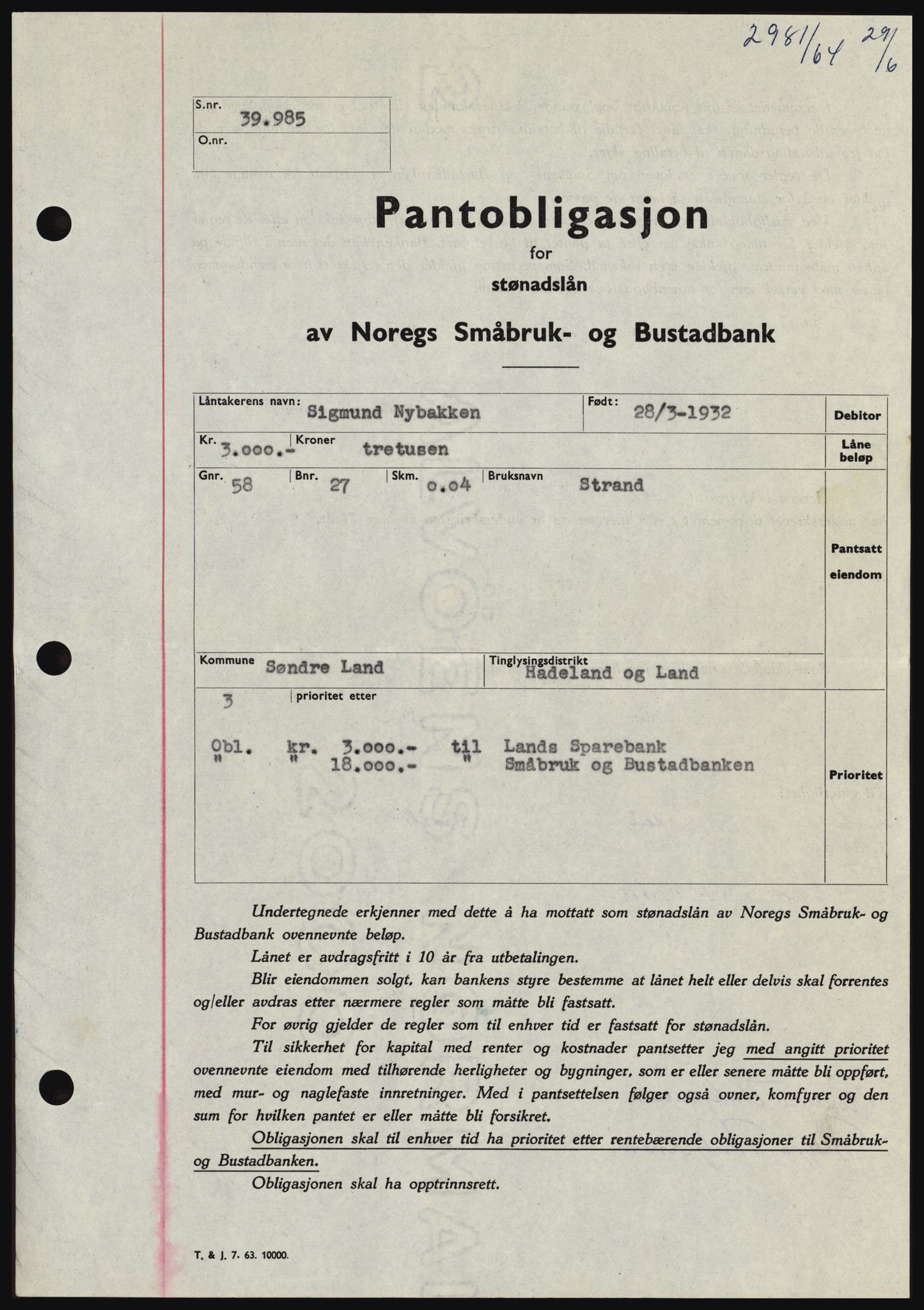 Hadeland og Land tingrett, SAH/TING-010/H/Hb/Hbc/L0055: Pantebok nr. B55, 1964-1964, Dagboknr: 2981/1964