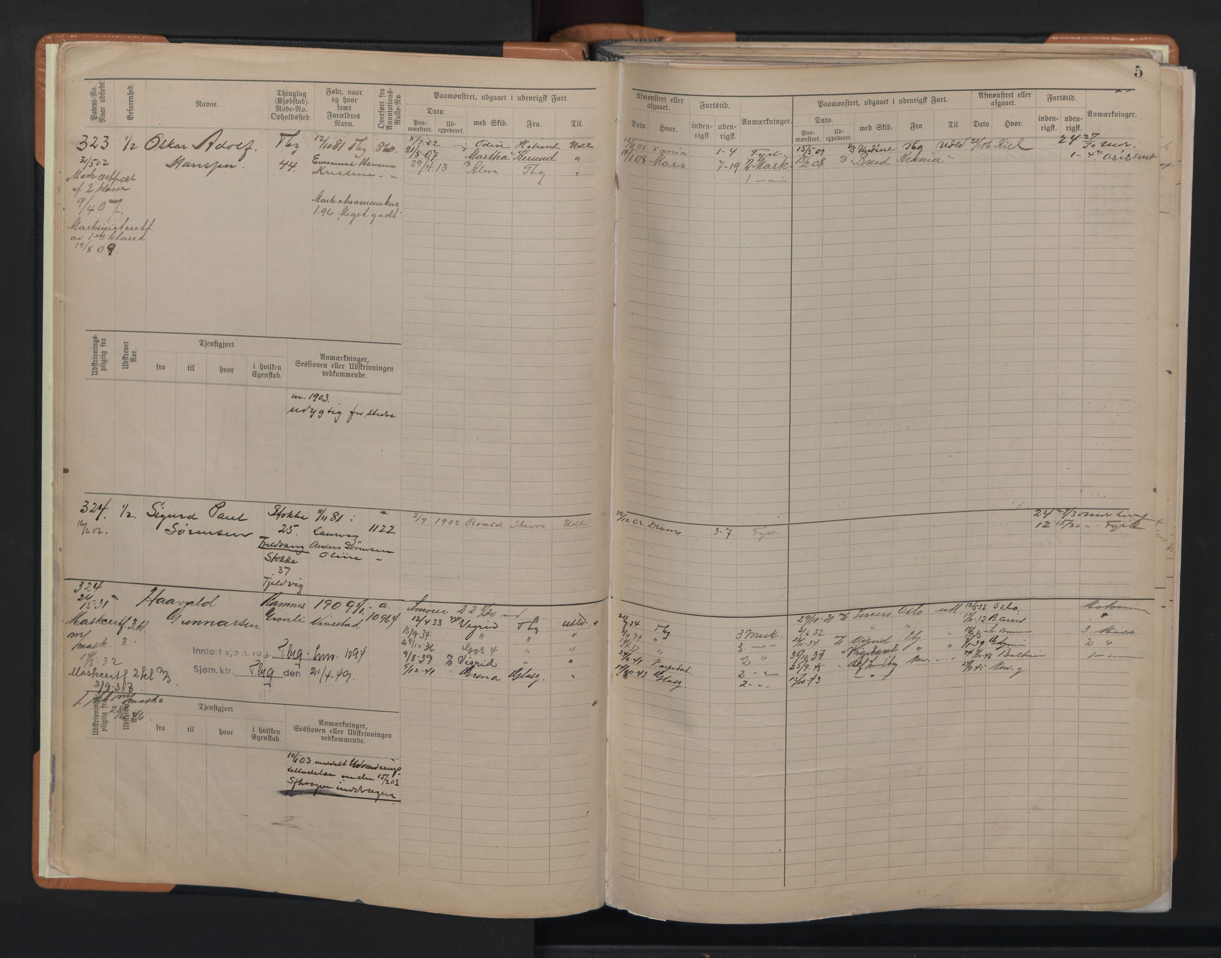 Tønsberg innrulleringskontor, AV/SAKO-A-786/F/Fe/L0004: Maskinist- og fyrbøterrulle Patent nr. 315-1079, 1902-1922, s. 5