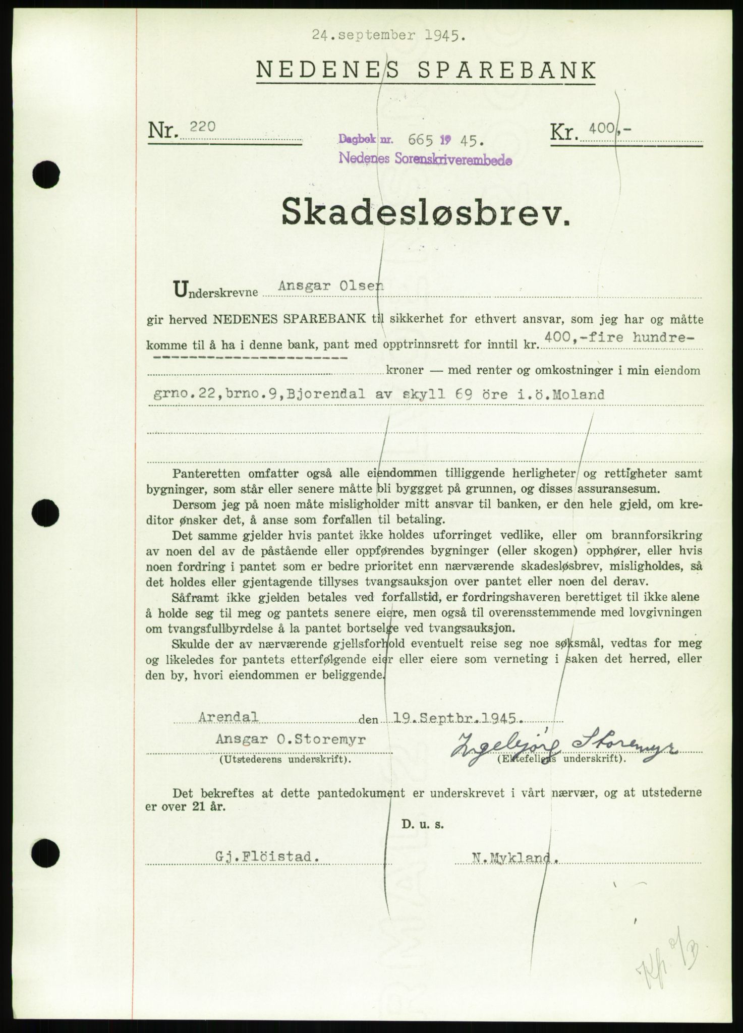 Nedenes sorenskriveri, SAK/1221-0006/G/Gb/Gbb/L0002: Pantebok nr. II, 1942-1945, Dagboknr: 665/1945