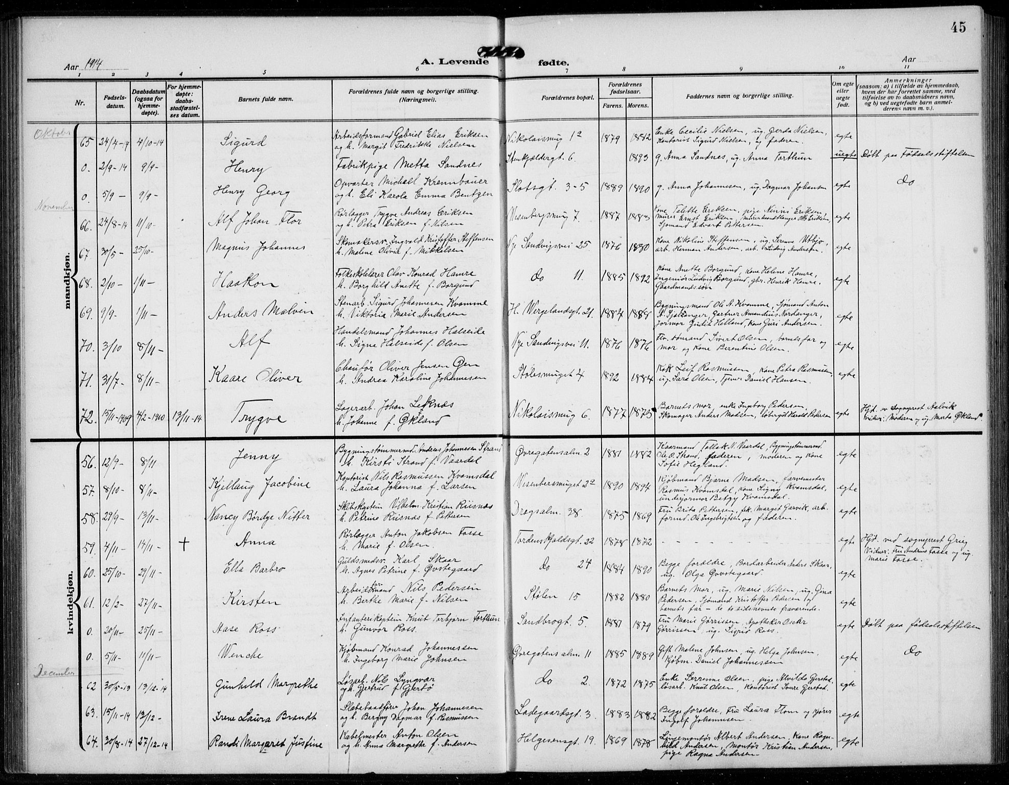 Mariakirken Sokneprestembete, AV/SAB-A-76901/H/Hab/L0006: Klokkerbok nr. A 6, 1909-1939, s. 45