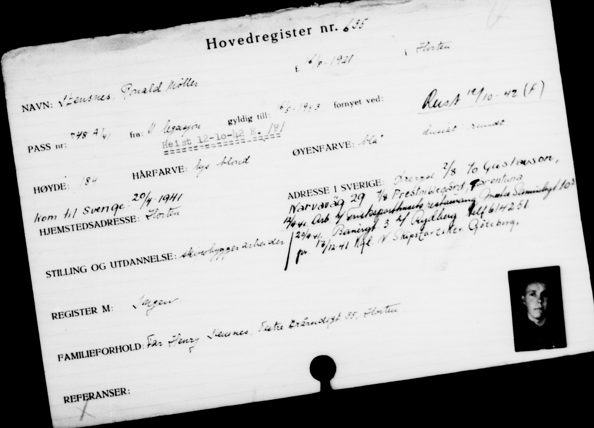 Utenriksstasjonene, Legasjonen i Stockholm, Flyktningkontoret, AV/RA-S-6753/V/Va/L0001: Kjesäterkartoteket, flyktninger med registreringsnr. 1-1000, 1940-1945, s. 992