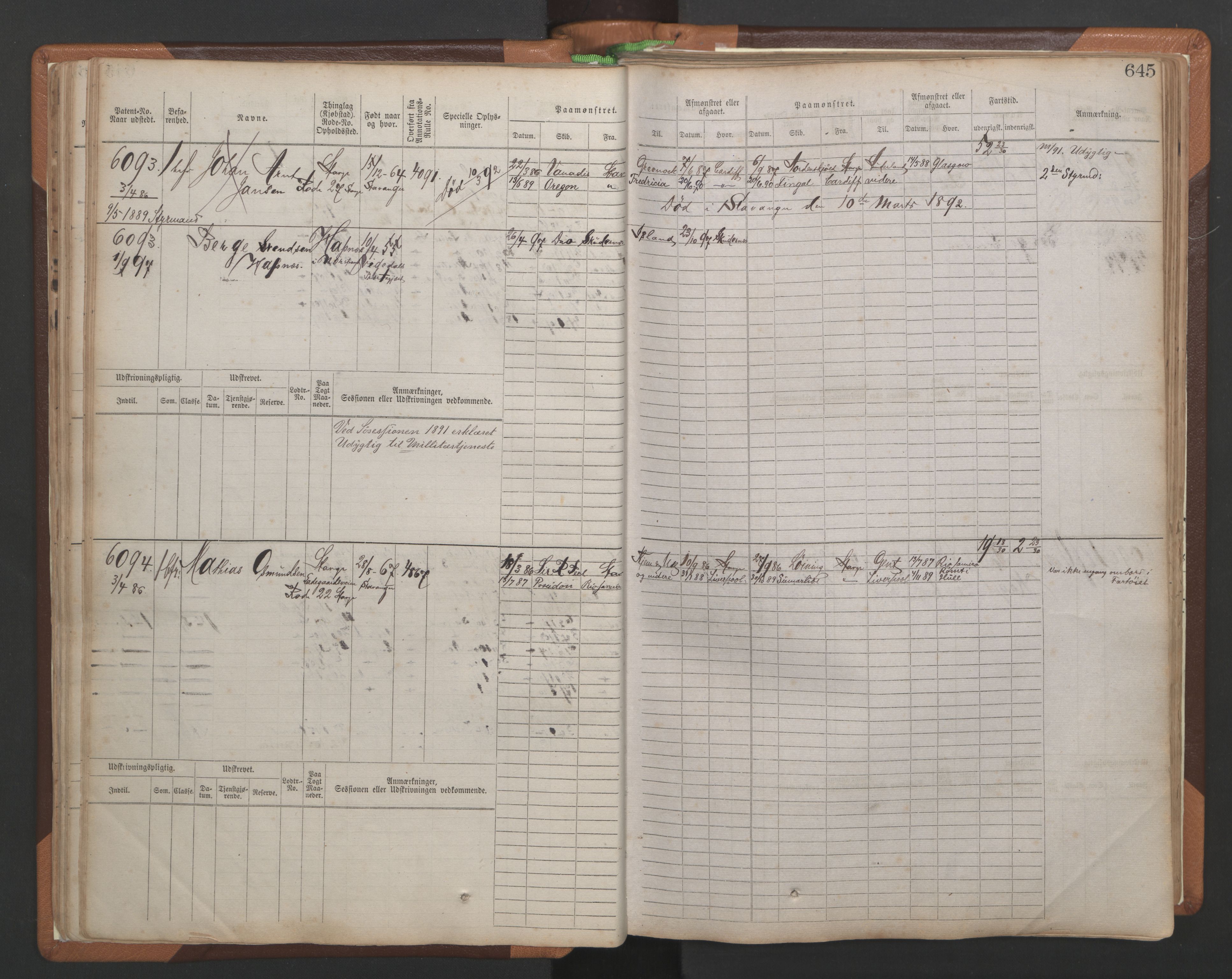 Stavanger sjømannskontor, AV/SAST-A-102006/F/Fb/Fbb/L0010: Sjøfartshovedrulle, patentnr. 6007-6606 (del 1), 1887-1896, s. 49