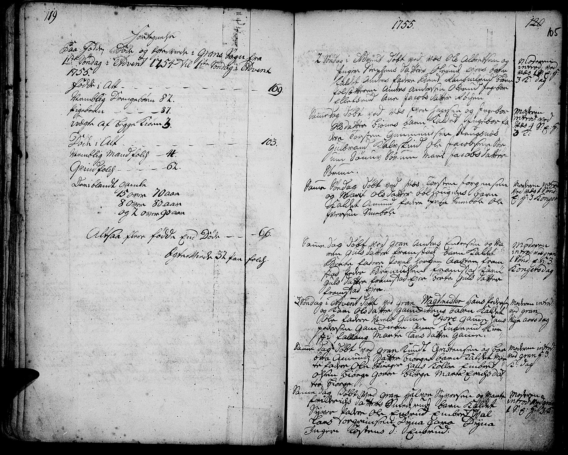 Gran prestekontor, AV/SAH-PREST-112/H/Ha/Haa/L0003: Ministerialbok nr. 3, 1745-1758, s. 105