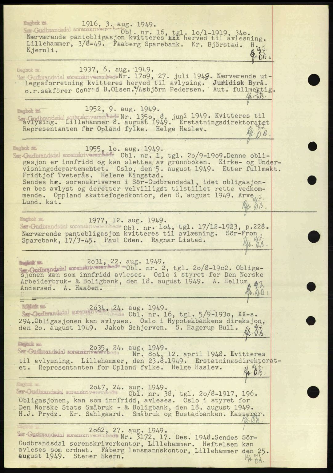 Sør-Gudbrandsdal tingrett, SAH/TING-004/H/Hb/Hbf/L0002: Pantebok nr. C1, 1938-1951, Dagboknr: 1916/1949
