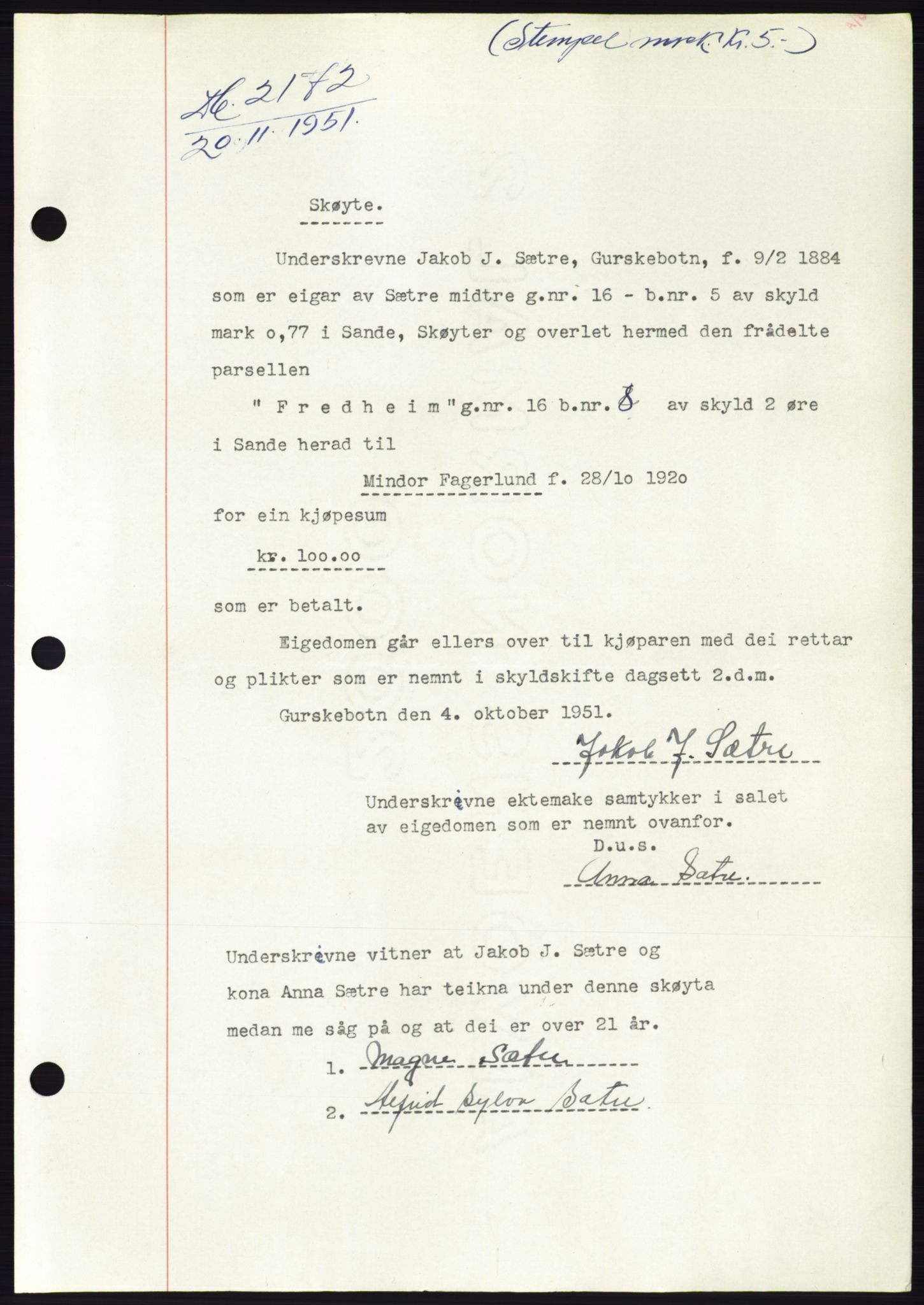 Søre Sunnmøre sorenskriveri, AV/SAT-A-4122/1/2/2C/L0090: Pantebok nr. 16A, 1951-1951, Dagboknr: 2172/1951