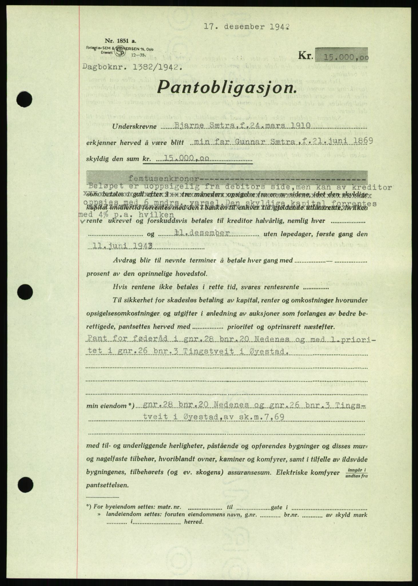 Nedenes sorenskriveri, SAK/1221-0006/G/Gb/Gbb/L0002: Pantebok nr. II, 1942-1945, Dagboknr: 1382/1942