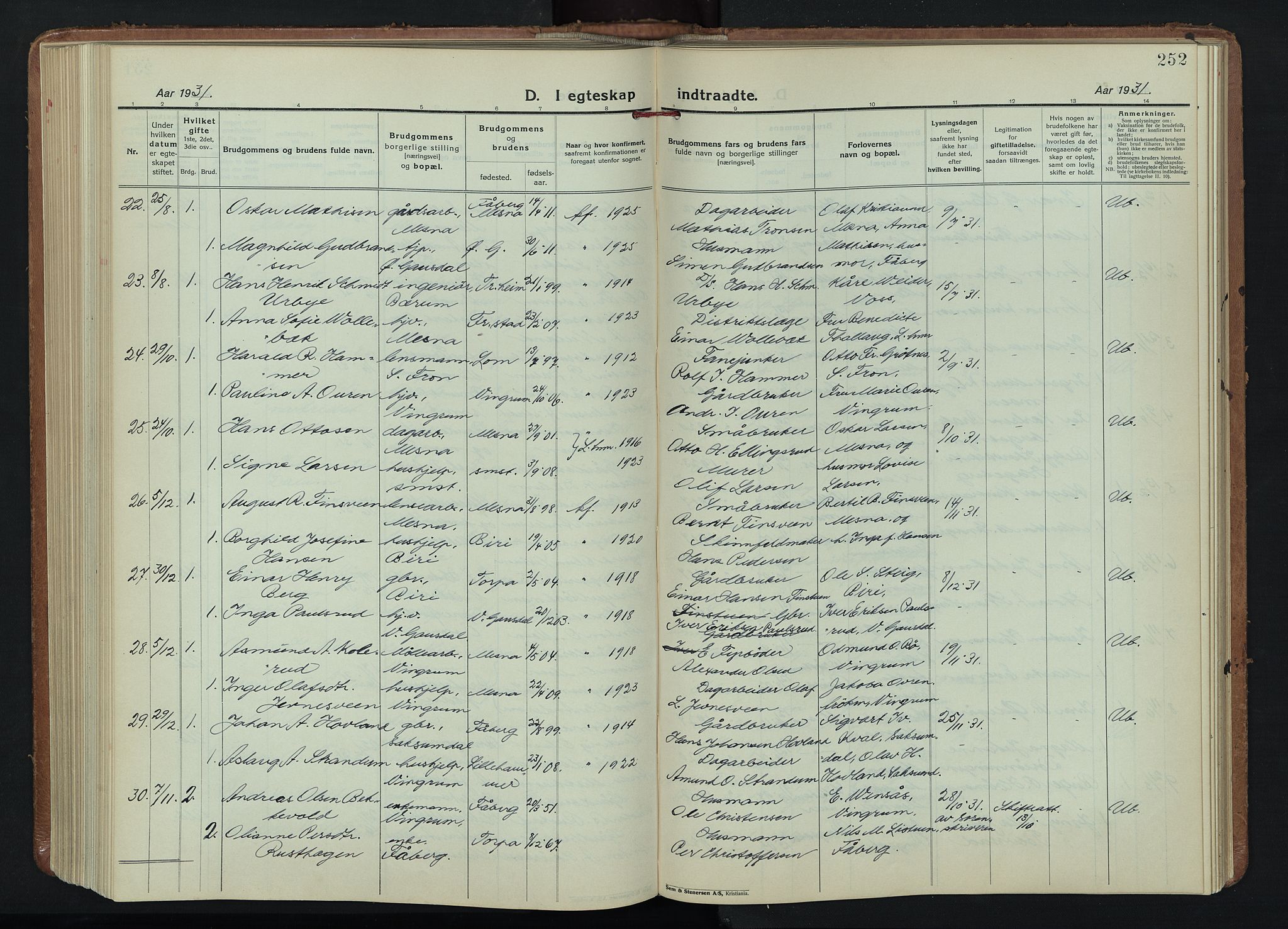 Fåberg prestekontor, SAH/PREST-086/H/Ha/Hab/L0015: Klokkerbok nr. 15, 1924-1949, s. 252