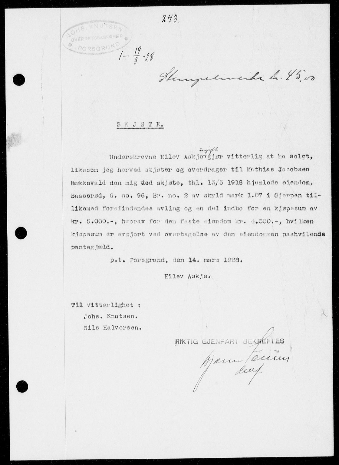Gjerpen sorenskriveri, SAKO/A-216/G/Ga/Gaa/L0048: Pantebok nr. I 48 og 50-51, 1926-1928, Tingl.dato: 19.03.1928
