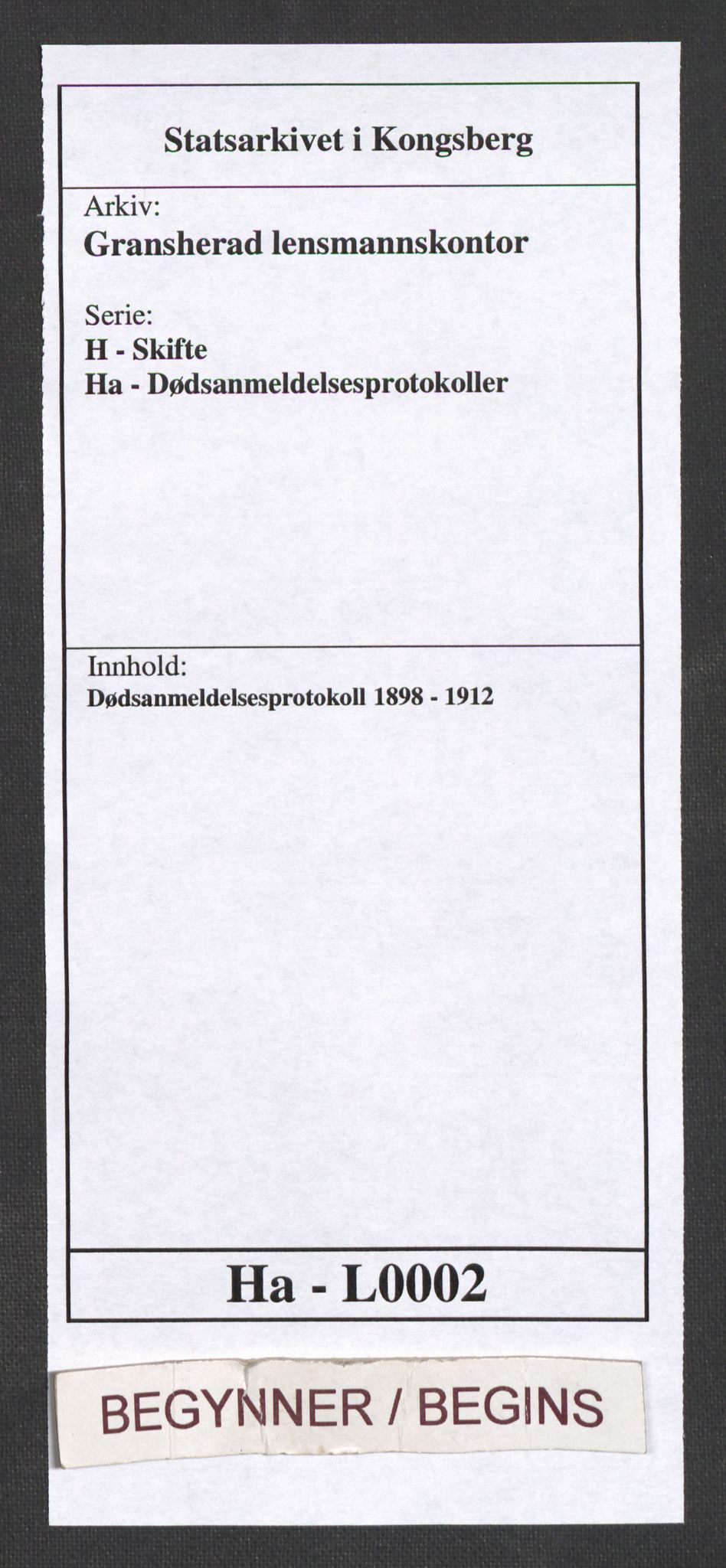 Gransherad lensmannskontor, SAKO/A-557/H/Ha/L0002: Dødsanmeldelsesprotokoll, 1898-1912
