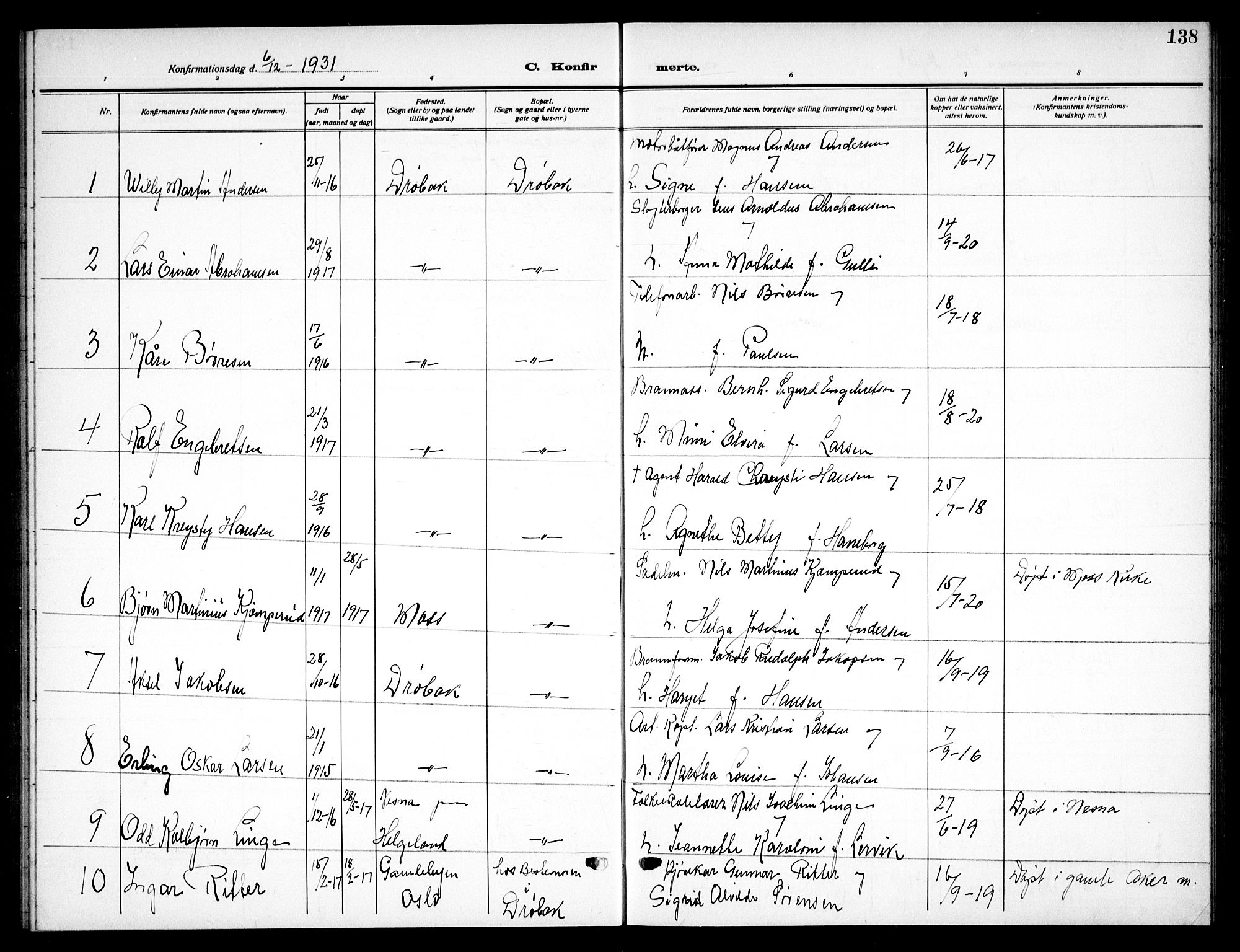 Drøbak prestekontor Kirkebøker, AV/SAO-A-10142a/G/Ga/L0002: Klokkerbok nr. I 2, 1917-1932, s. 138