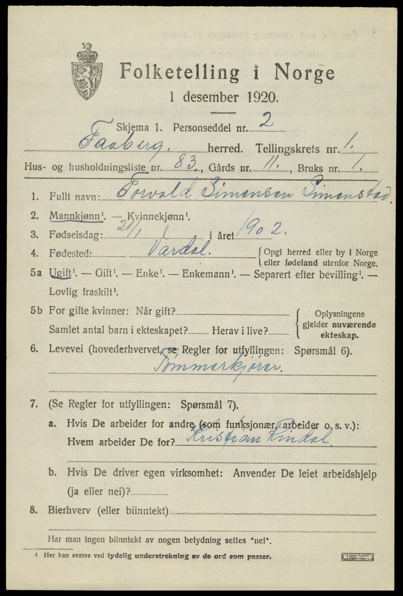 SAH, Folketelling 1920 for 0524 Fåberg herred, 1920, s. 3226