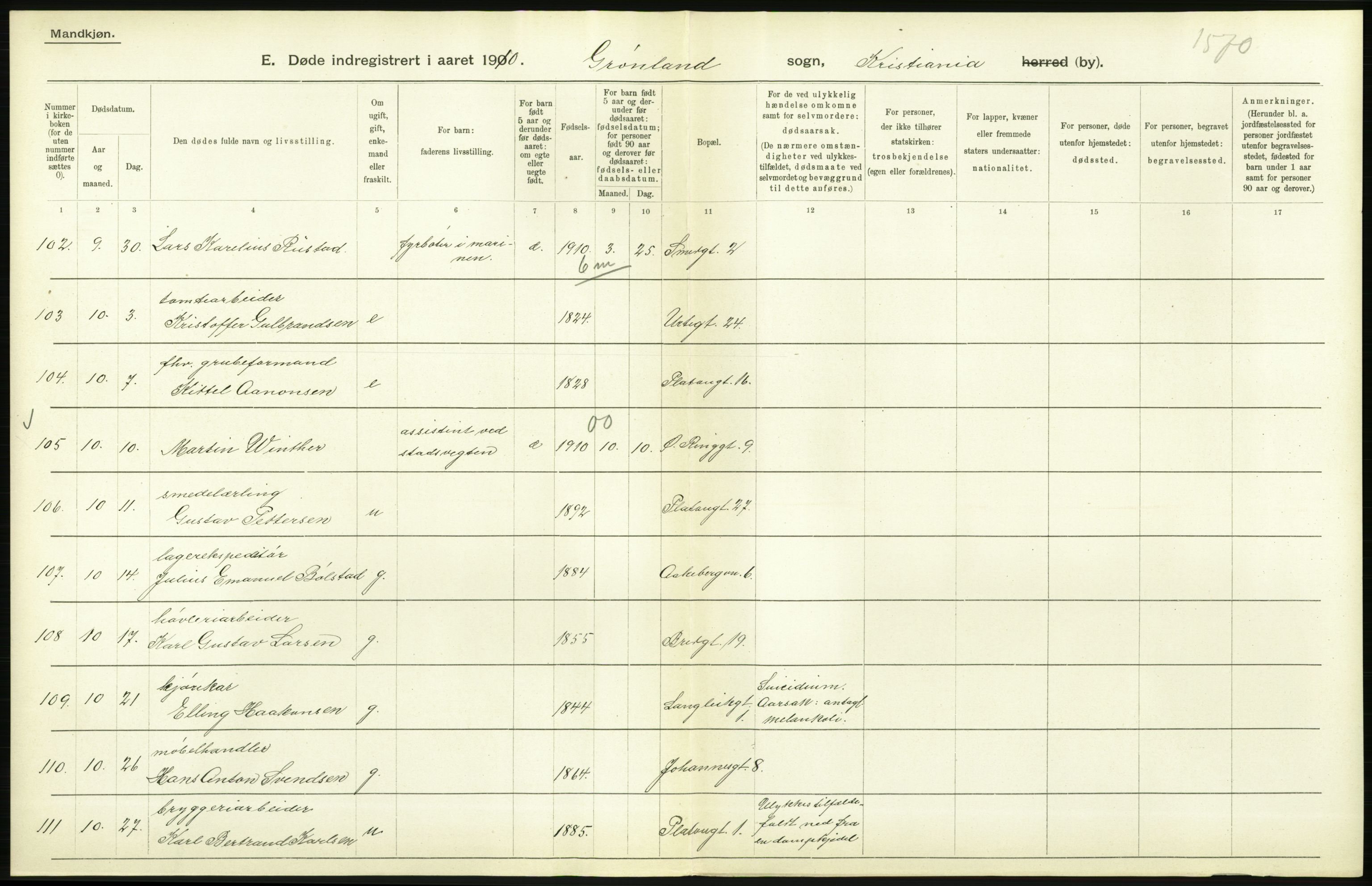 Statistisk sentralbyrå, Sosiodemografiske emner, Befolkning, AV/RA-S-2228/D/Df/Dfa/Dfah/L0008: Kristiania: Døde, 1910, s. 558