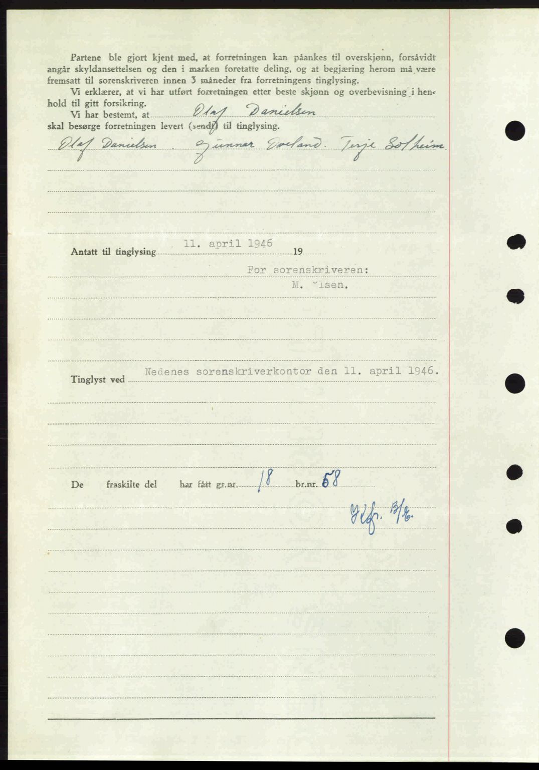 Nedenes sorenskriveri, AV/SAK-1221-0006/G/Gb/Gba/L0054: Pantebok nr. A6c, 1946-1946, Dagboknr: 327/1946