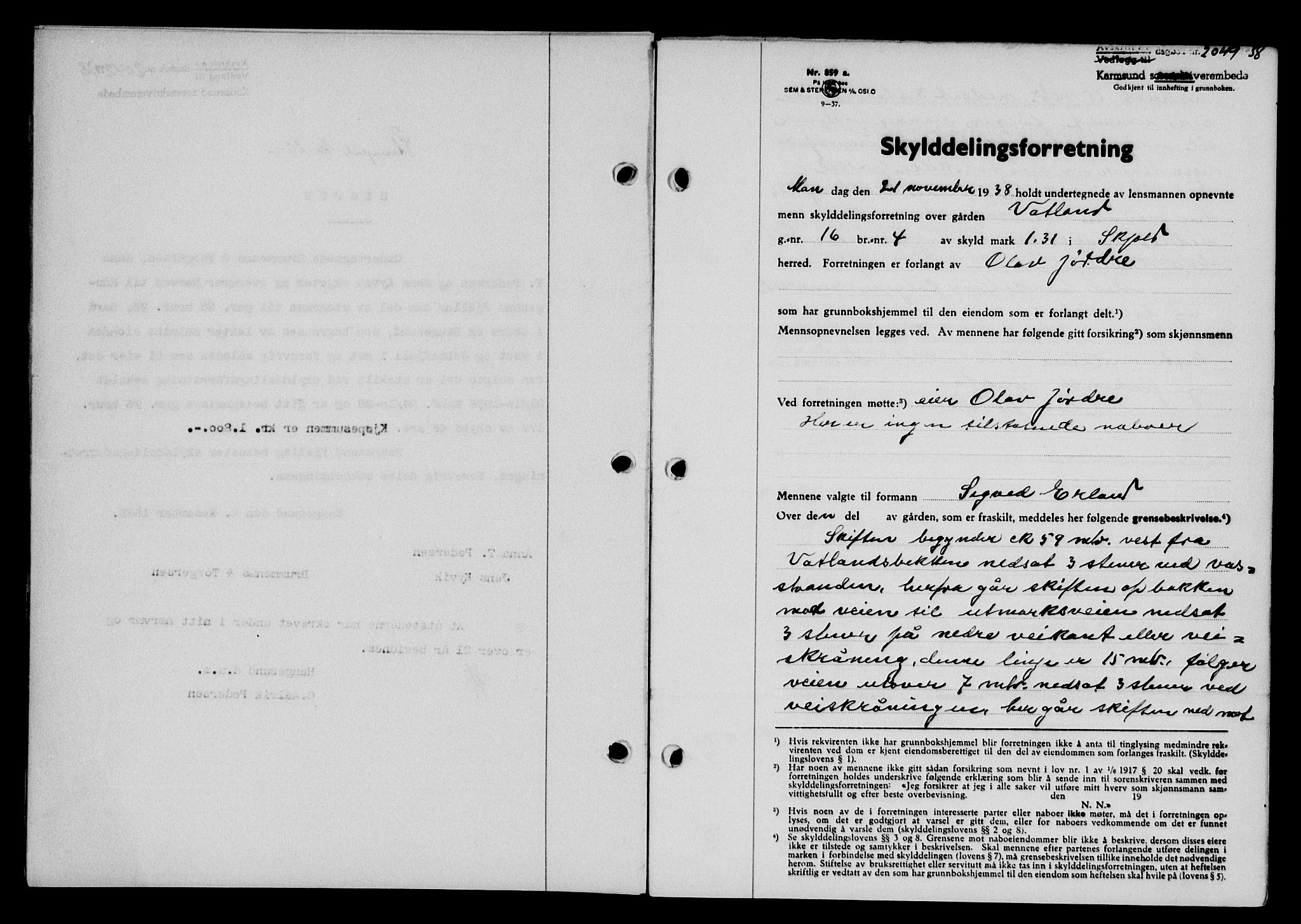 Karmsund sorenskriveri, SAST/A-100311/01/II/IIB/L0070: Pantebok nr. 51A, 1938-1939, Dagboknr: 2049/1938
