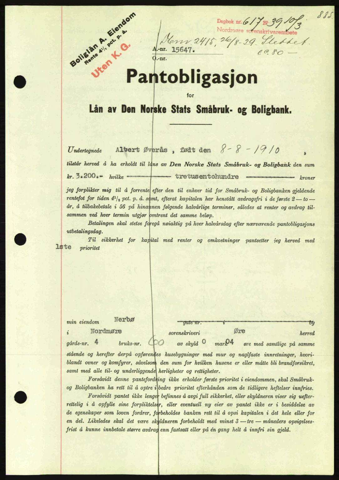 Nordmøre sorenskriveri, SAT/A-4132/1/2/2Ca: Pantebok nr. B84, 1938-1939, Dagboknr: 617/1939