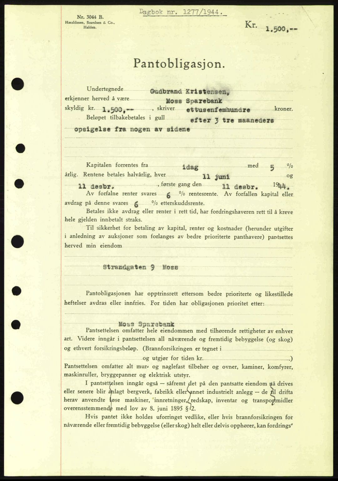 Moss sorenskriveri, SAO/A-10168: Pantebok nr. B13, 1943-1945, Dagboknr: 1277/1944