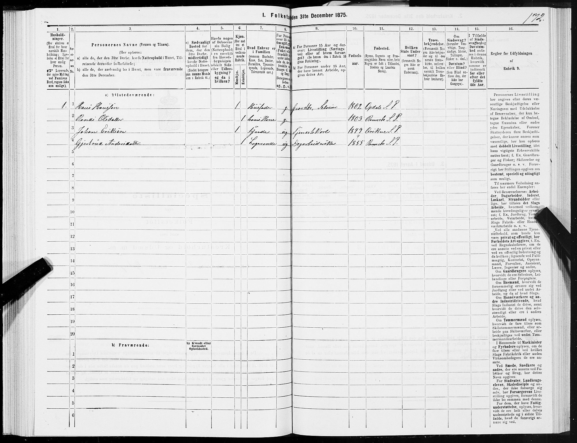 SAT, Folketelling 1875 for 1635P Rennebu prestegjeld, 1875, s. 1172