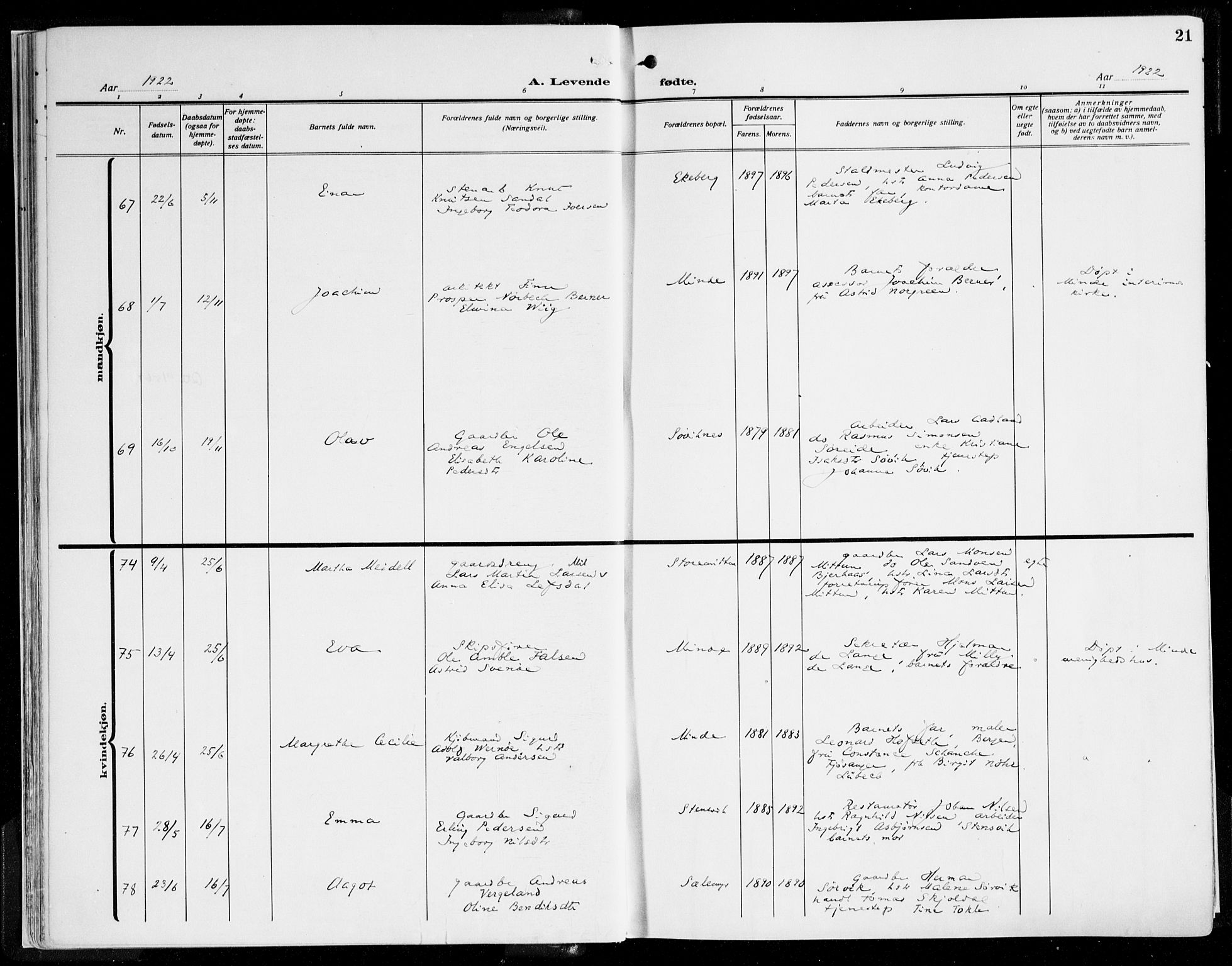 Fana Sokneprestembete, AV/SAB-A-75101/H/Haa/Haaj/L0001: Ministerialbok nr. J 1, 1921-1935, s. 21