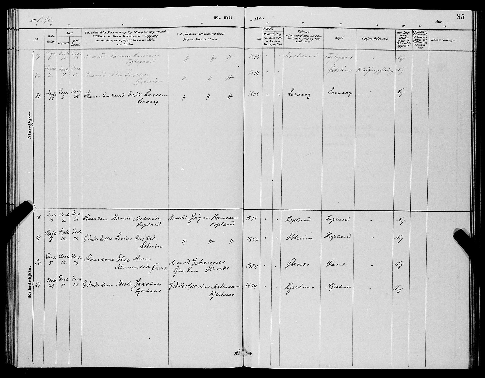Lindås Sokneprestembete, AV/SAB-A-76701/H/Hab/Habc/L0003: Klokkerbok nr. C 3, 1886-1893, s. 85